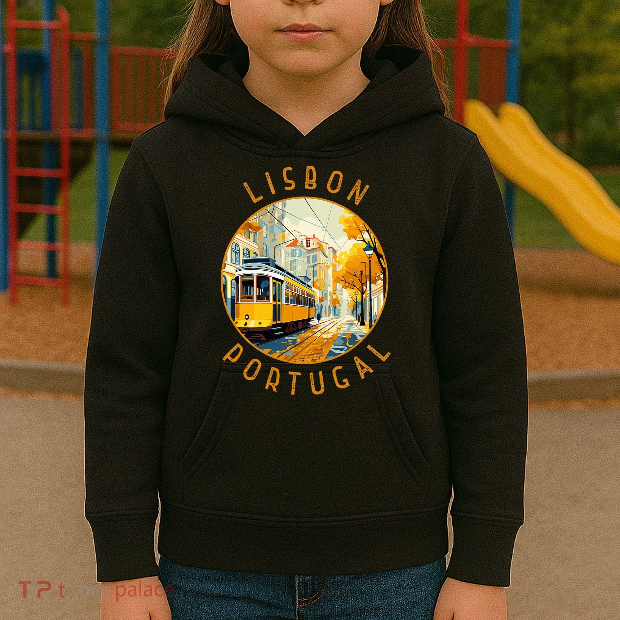 Lisbon Portugal Yellow Tram Retro Distressed Circle Kids Hoodie