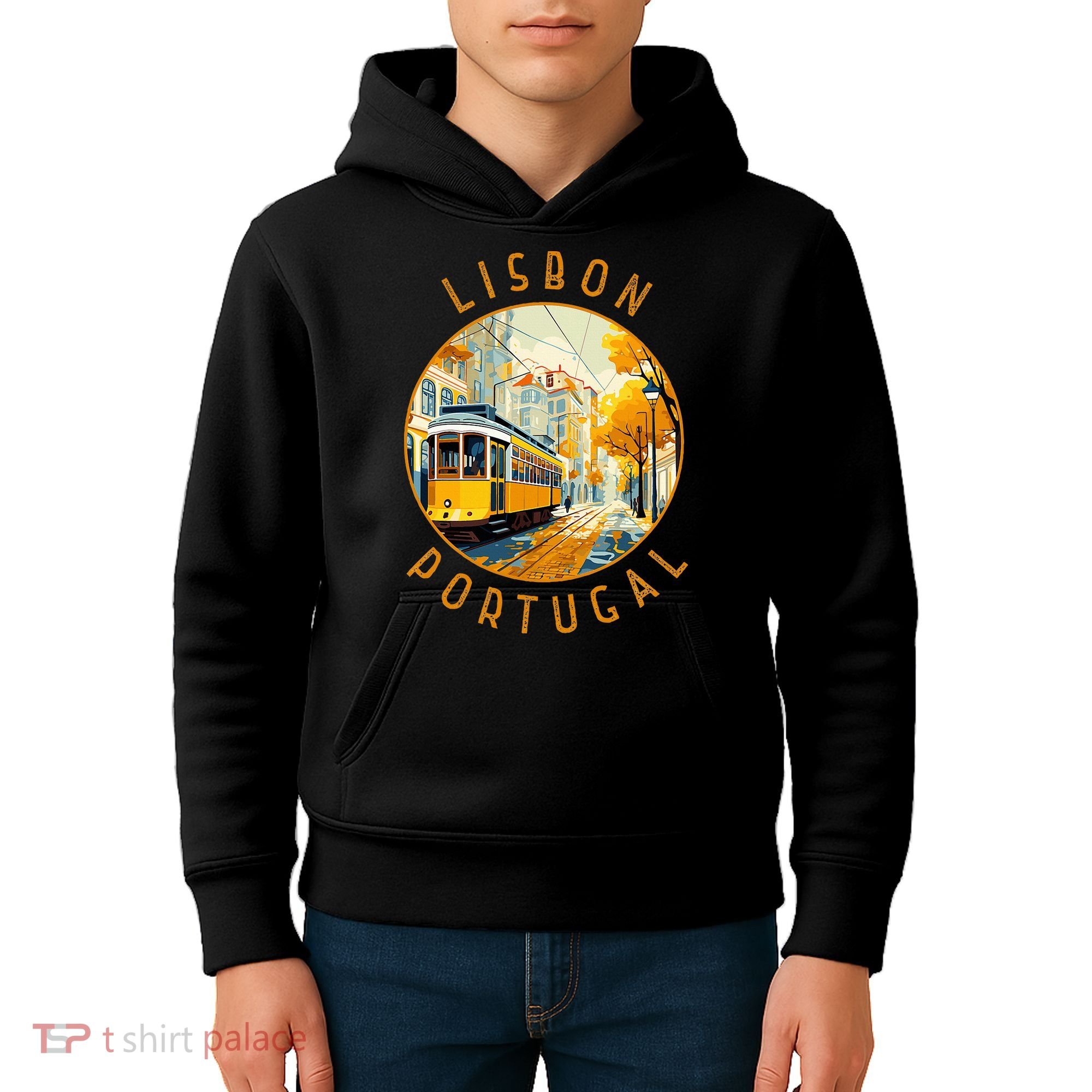 Lisbon Portugal Yellow Tram Retro Distressed Circle Kids Hoodie