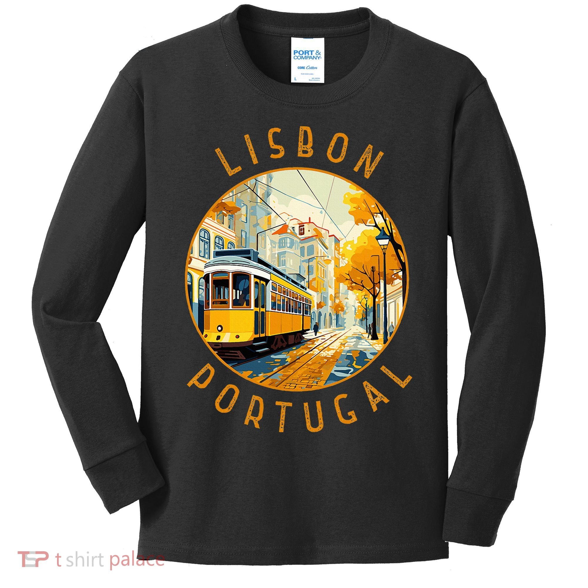 Lisbon Portugal Yellow Tram Retro Distressed Circle Kids Long Sleeve Shirt