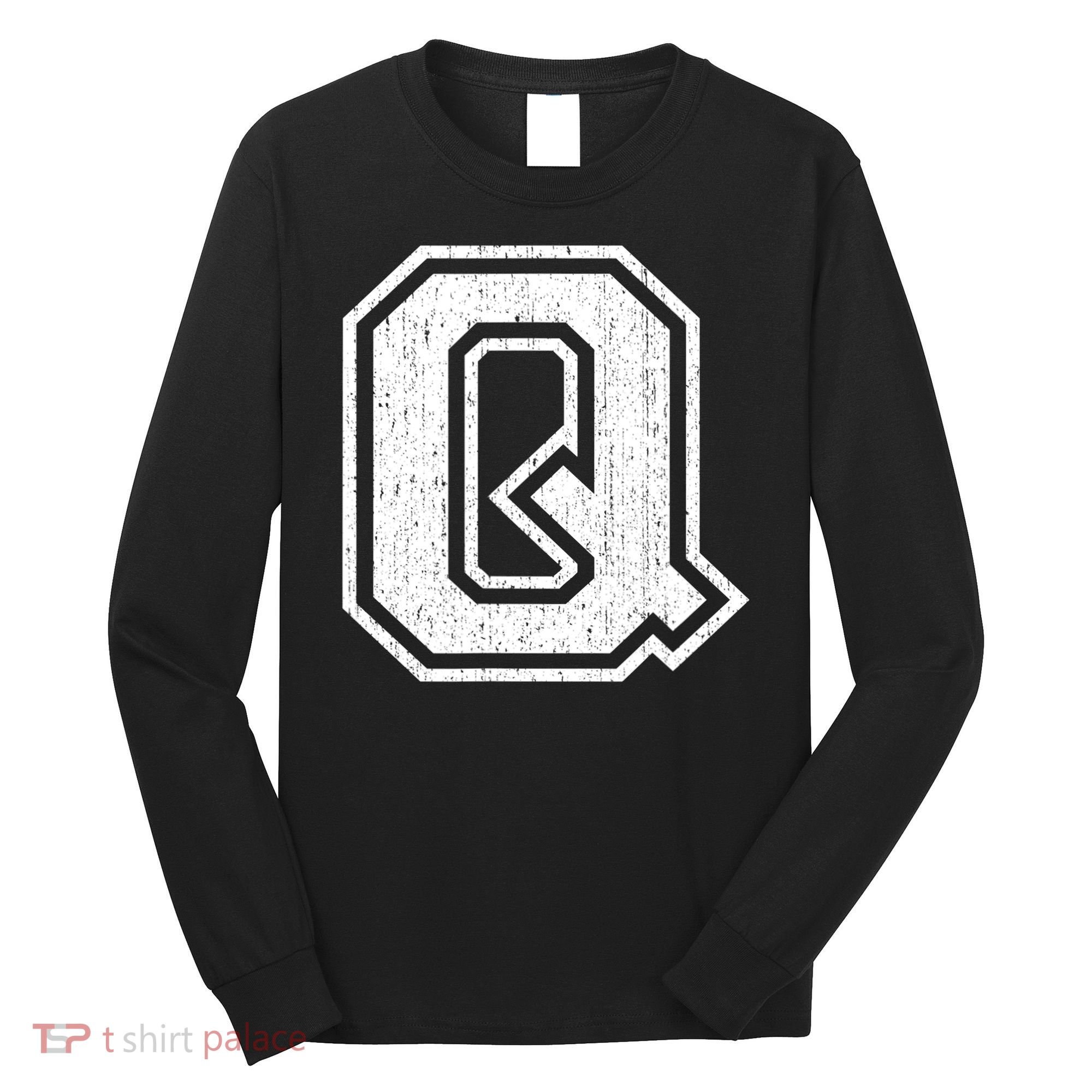 Letter Q Shirt Capital Alphabet Varsity Distressed Monogram Long Sleeve Shirt