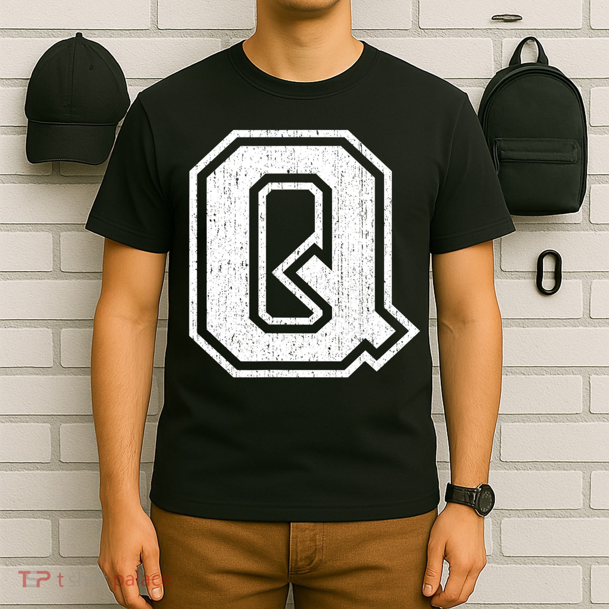 Letter Q Shirt Capital Alphabet Varsity Distressed Monogram T-Shirt