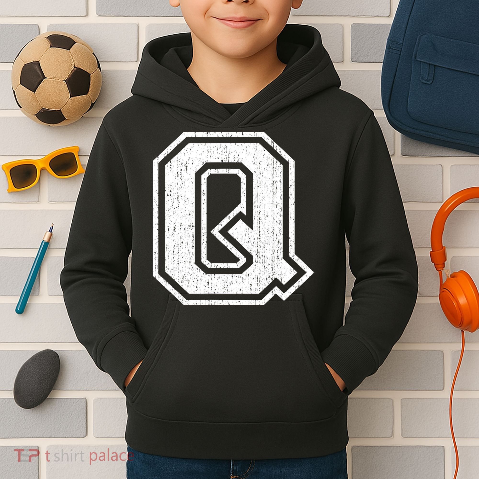 Letter Q Shirt Capital Alphabet Varsity Distressed Monogram Kids Hoodie