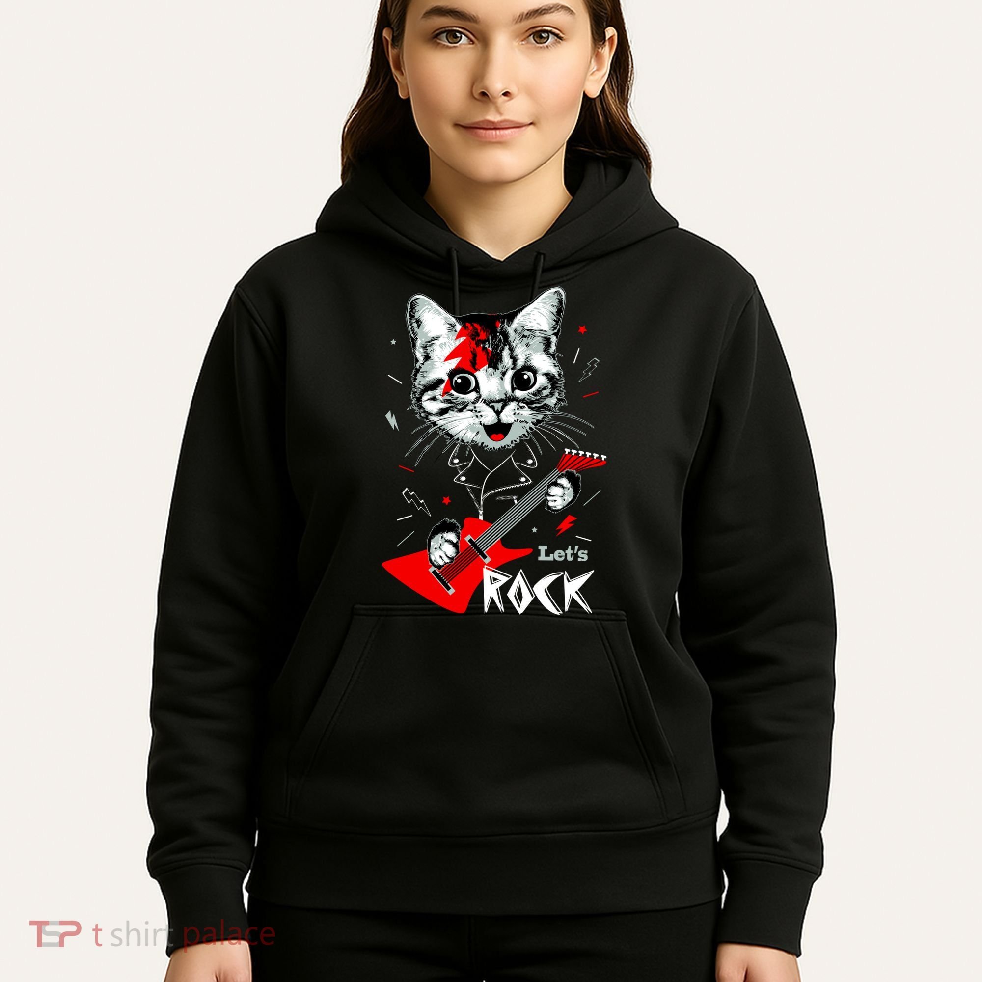 Lets Rock Cat Rock Band Guitar Rock And Roll Hoodie