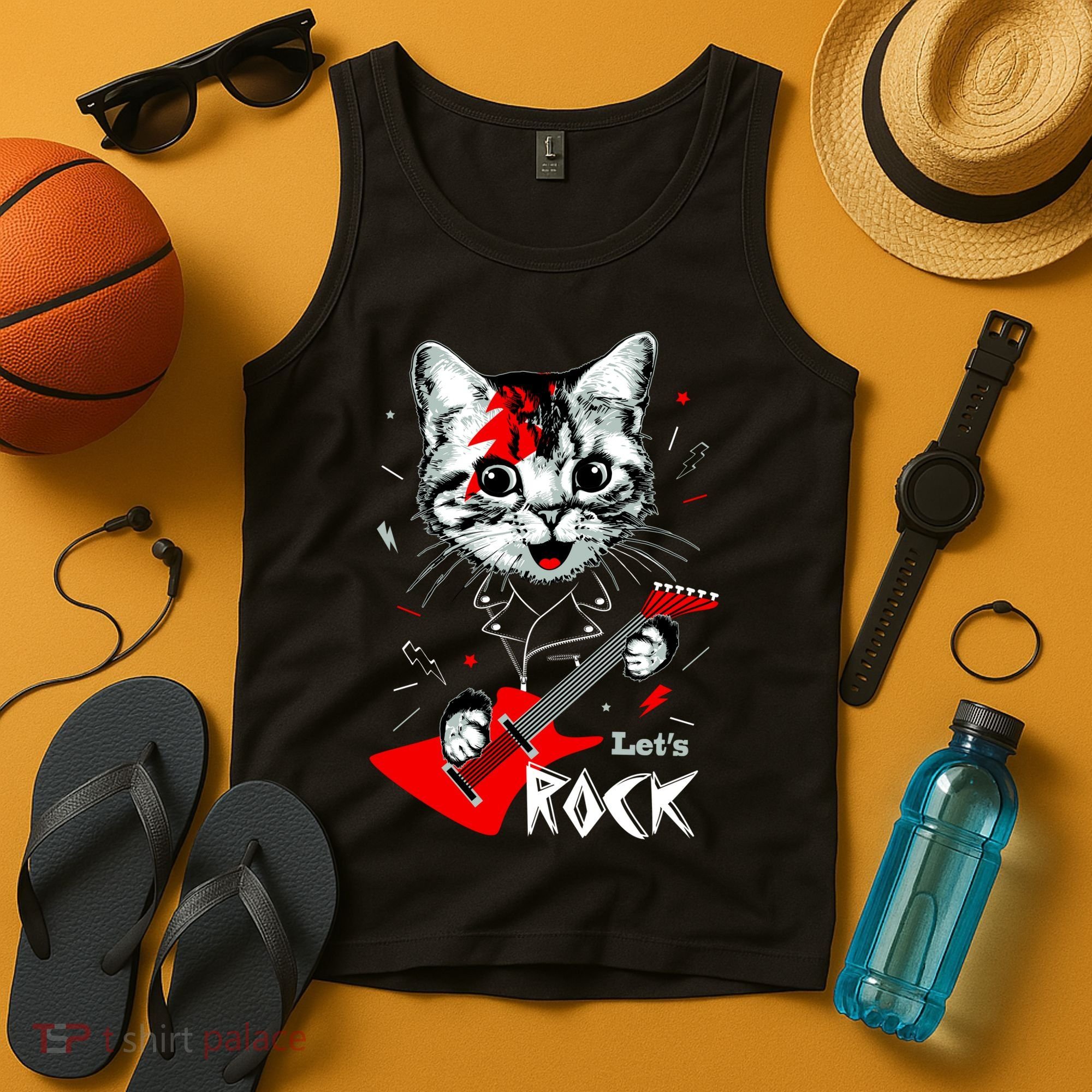 Lets Rock Cat Rock Band Guitar Rock And Roll Tank Top