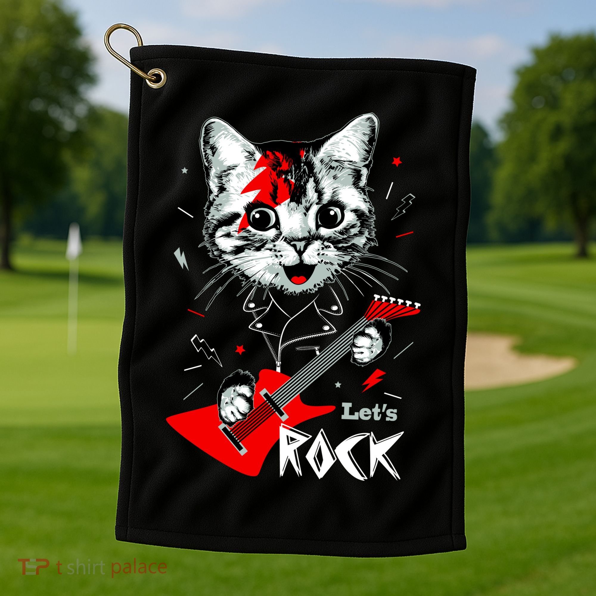 Lets Rock Cat Rock Band Guitar Rock And Roll Golf Towel