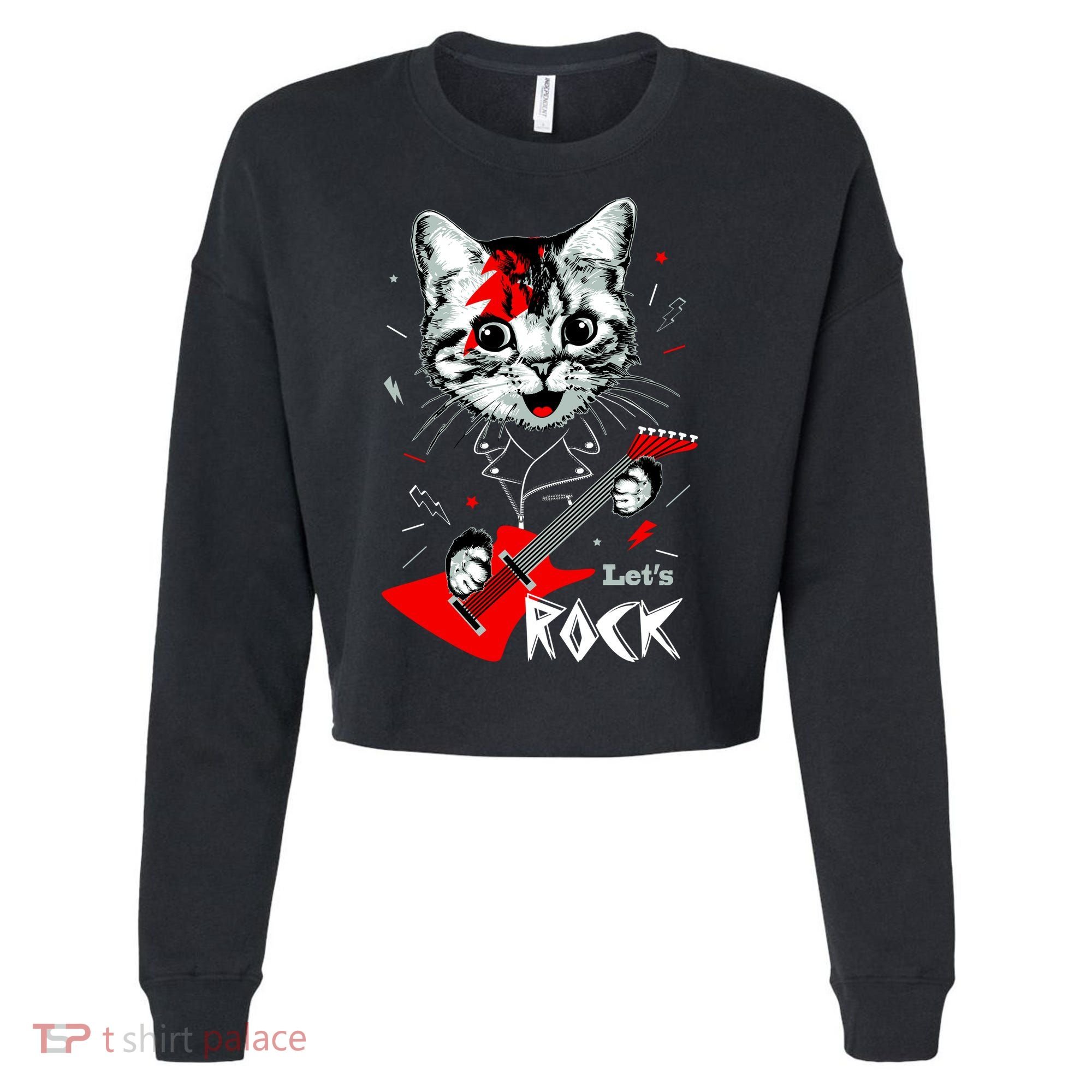 Lets Rock Cat Rock Band Guitar Rock And Roll Cropped Pullover Crew