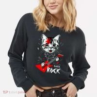 Lets Rock Cat Rock Band Guitar Rock And Roll Cropped Pullover Crew thumb 2