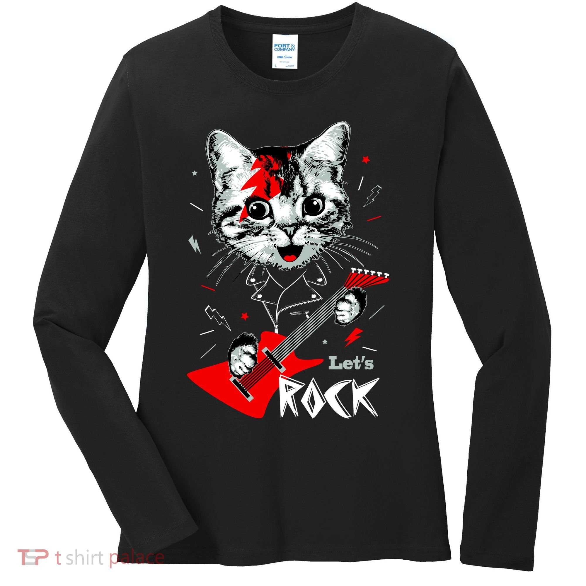 Lets Rock Cat Rock Band Guitar Rock And Roll Women's Long Sleeve Shirt