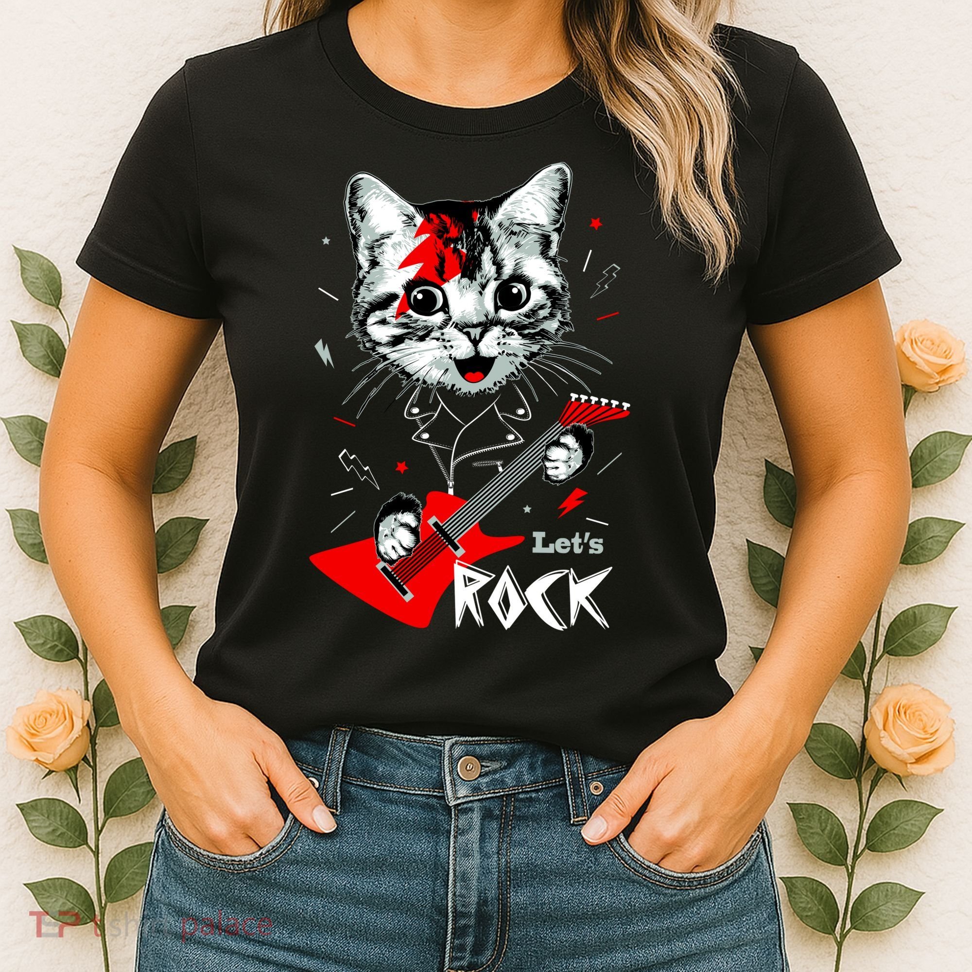 Lets Rock Cat Rock Band Guitar Rock And Roll Women's T-Shirt