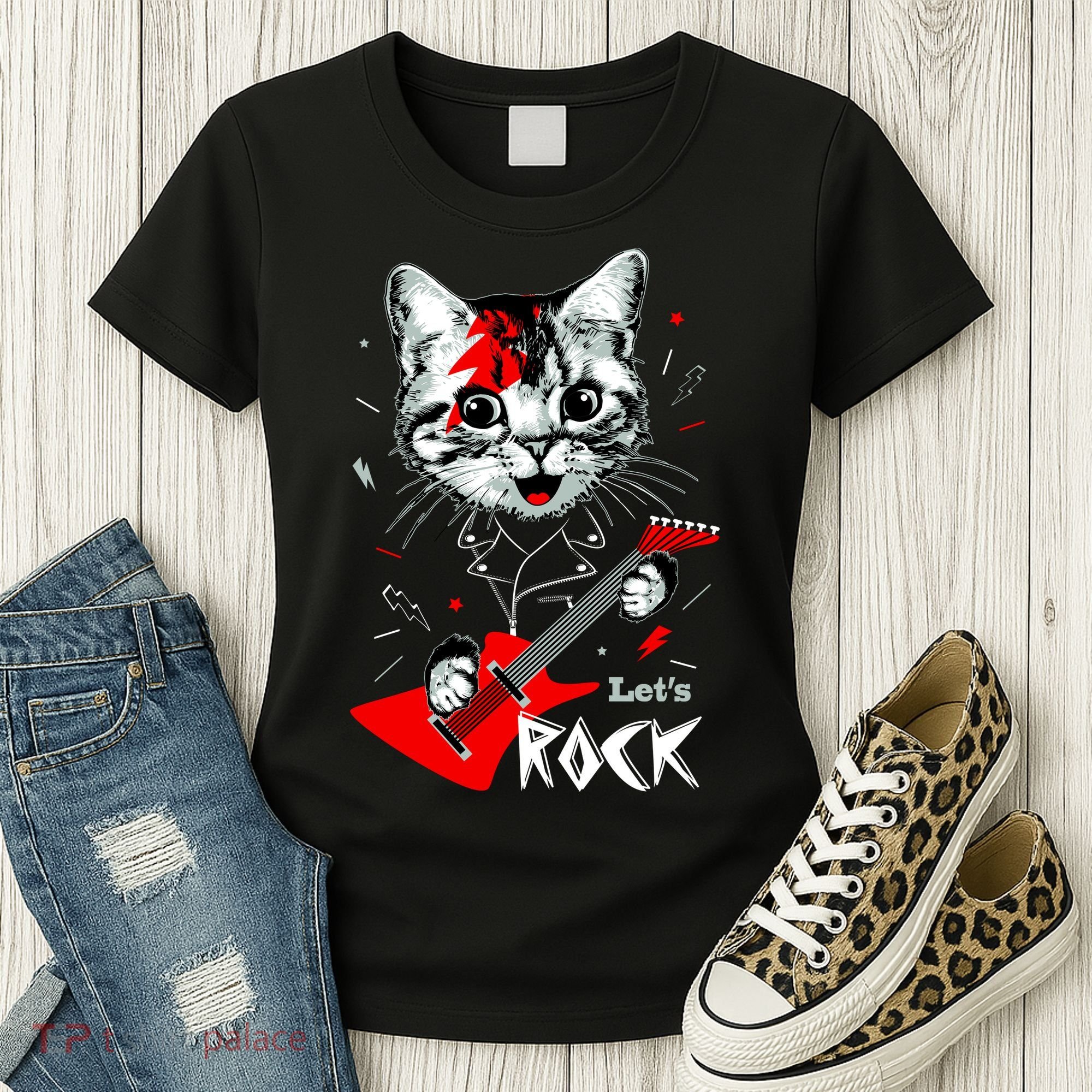 Lets Rock Cat Rock Band Guitar Rock And Roll Women's T-Shirt