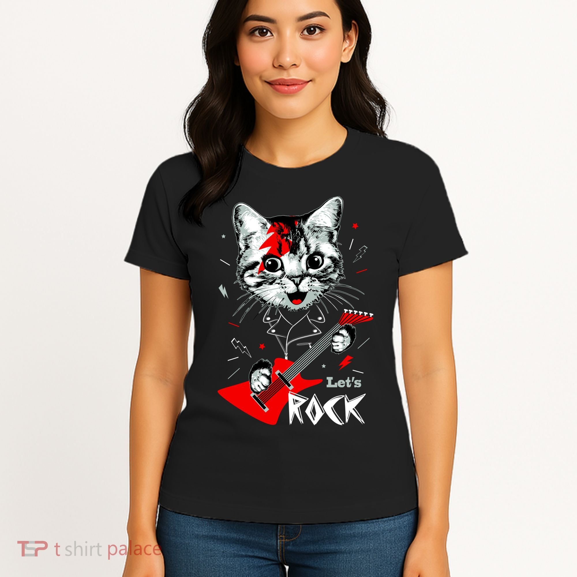 Lets Rock Cat Rock Band Guitar Rock And Roll Women's T-Shirt