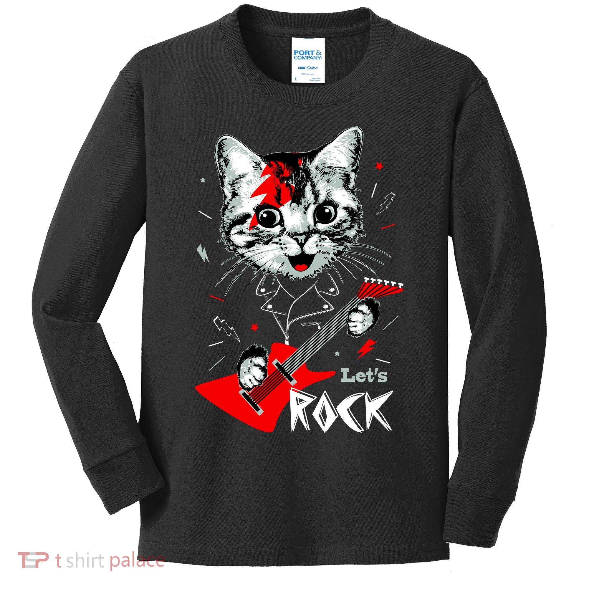 Lets Rock Cat Rock Band Guitar Rock And Roll Kids Long Sleeve Shirt