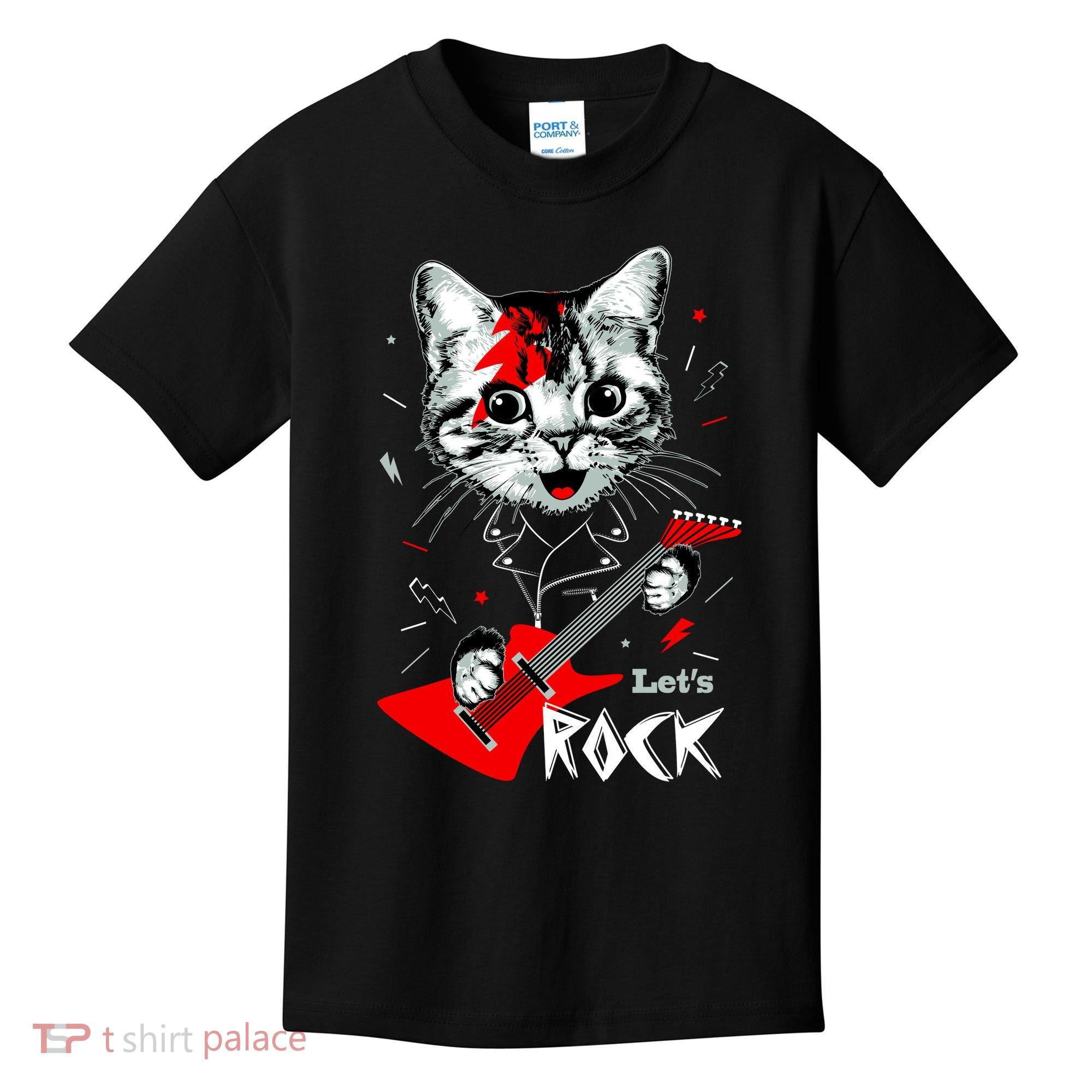 Lets Rock Cat Rock Band Guitar Rock And Roll Kids T-Shirt