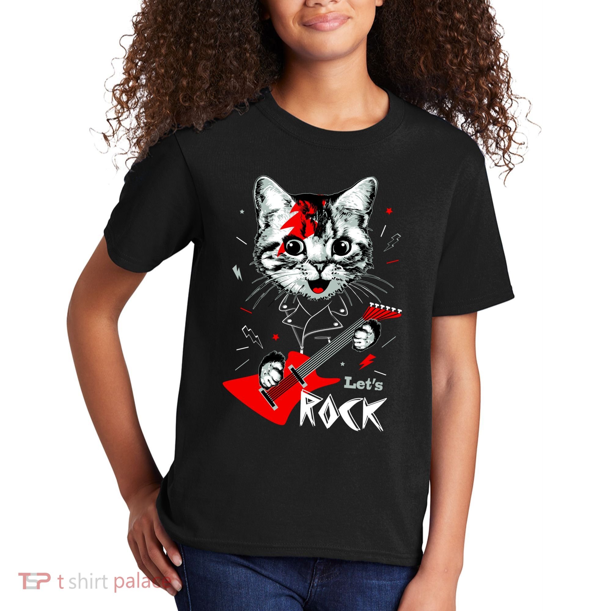 Lets Rock Cat Rock Band Guitar Rock And Roll Kids T-Shirt