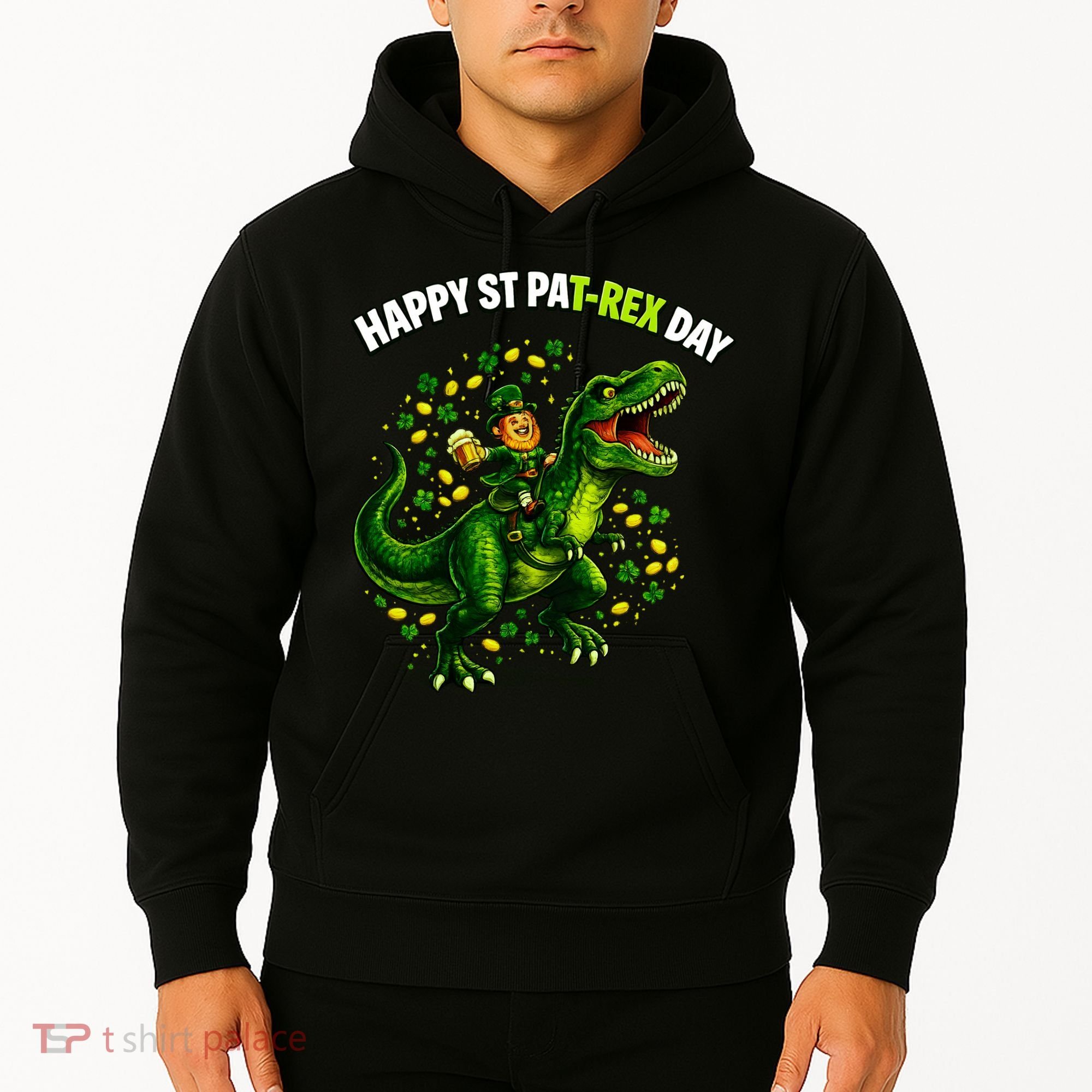 Leprechaun Riding Dino Happy Pat-rex Day T-rex Hoodie