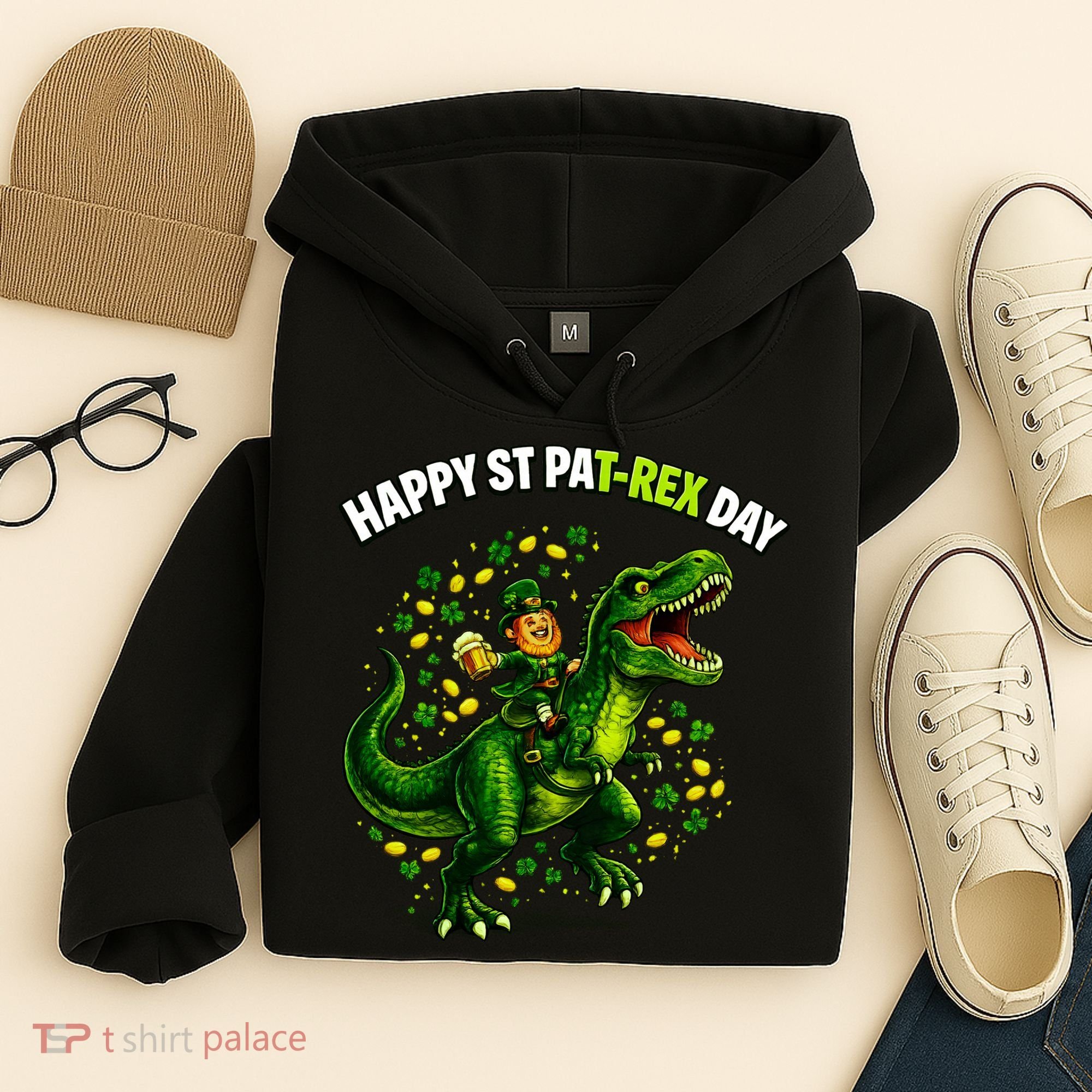 Leprechaun Riding Dino Happy Pat-rex Day T-rex Hoodie