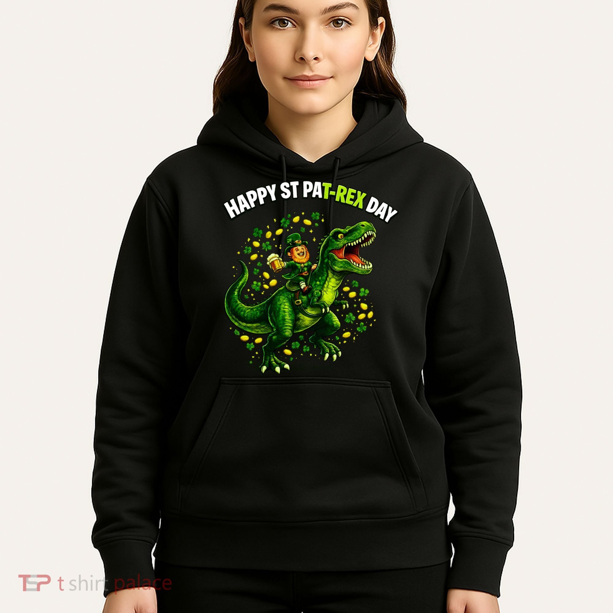 Leprechaun Riding Dino Happy Pat-rex Day T-rex Hoodie