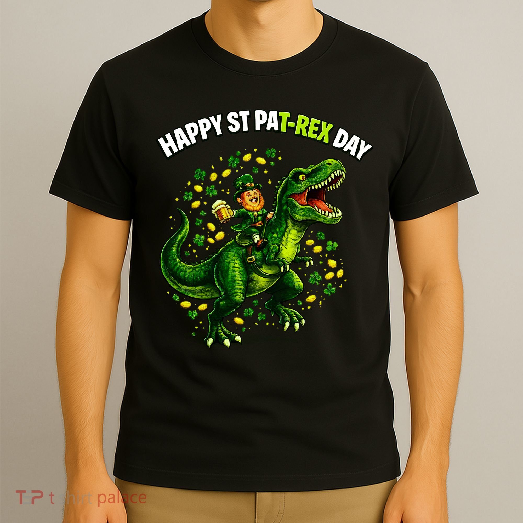 Leprechaun Riding Dino Happy Pat-rex Day T-rex T-Shirt