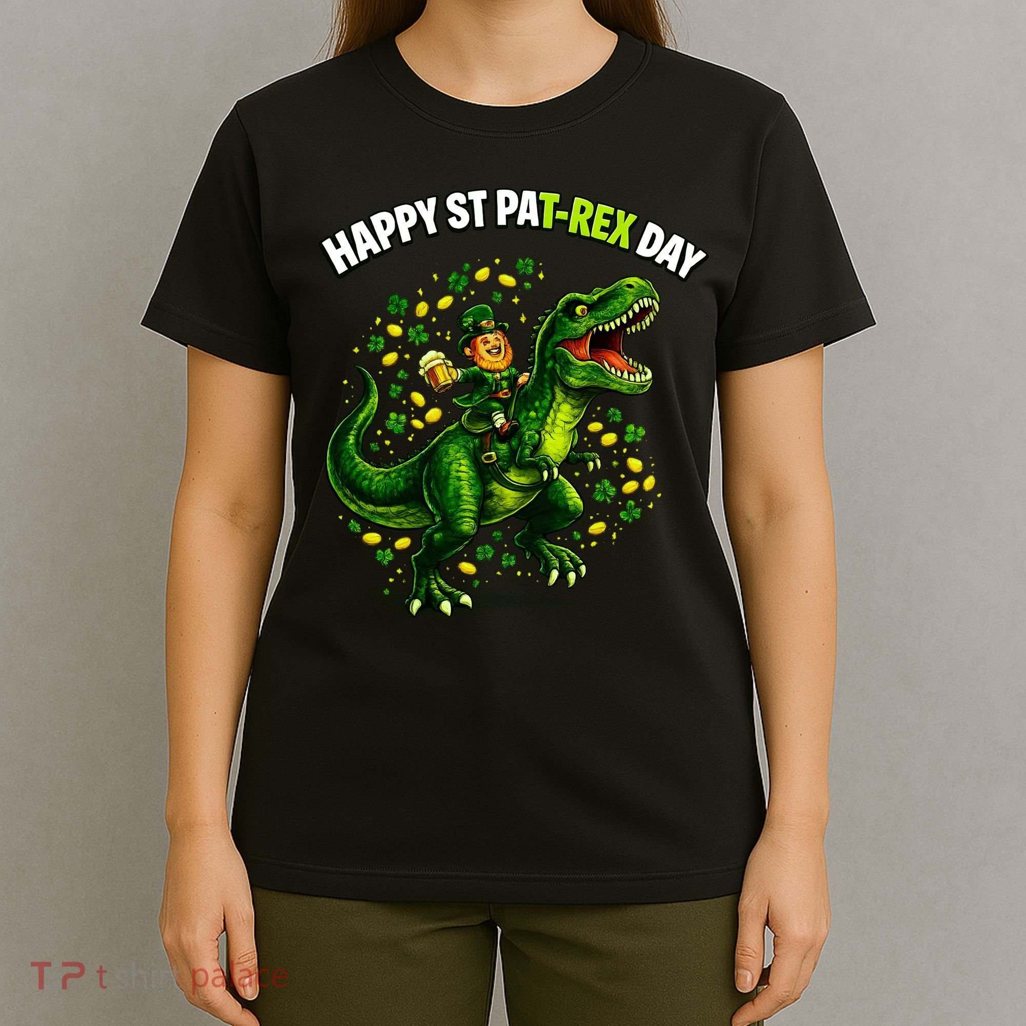 Leprechaun Riding Dino Happy Pat-rex Day T-rex T-Shirt