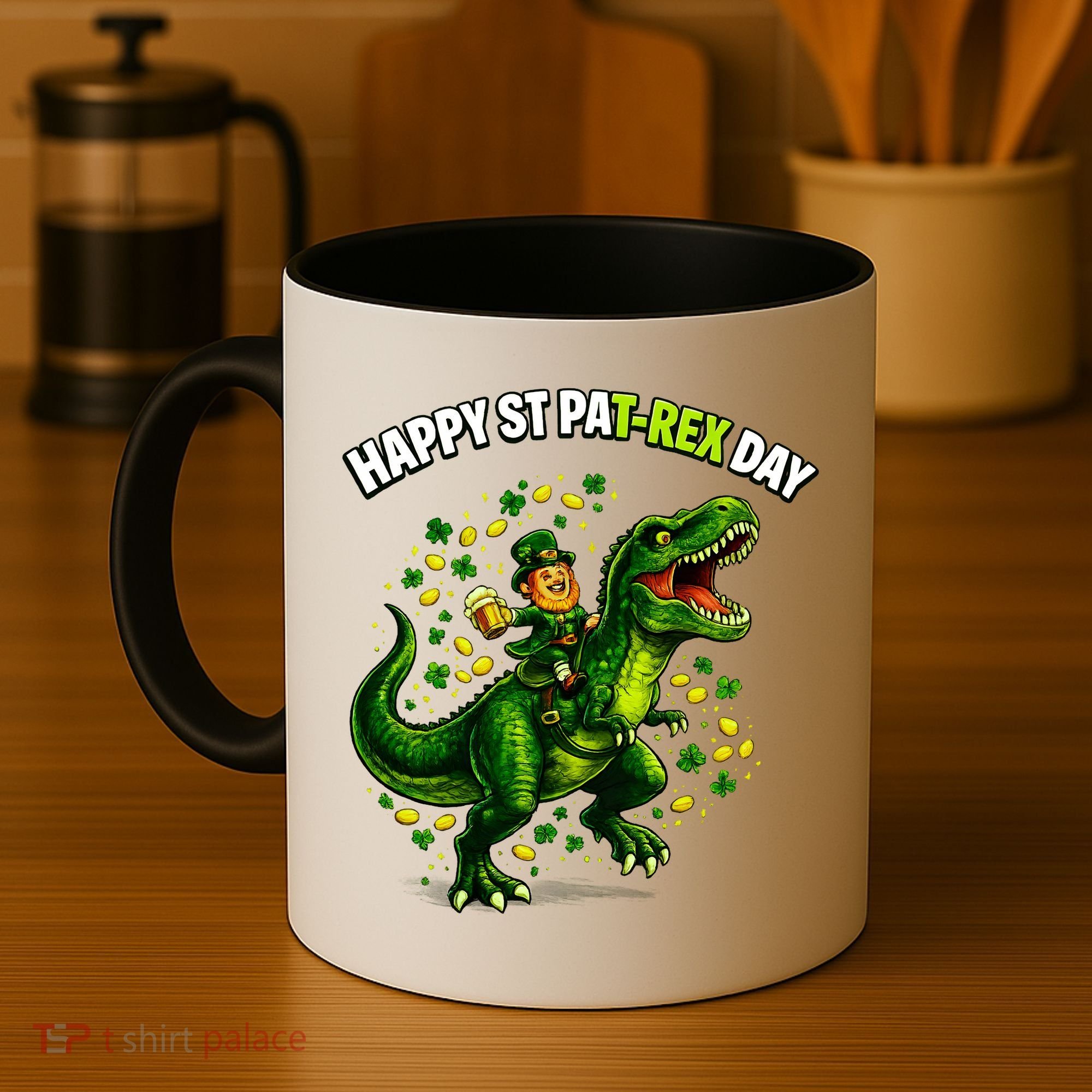 Leprechaun Riding Dino Happy Pat-rex Day T-rex Coffee Mug