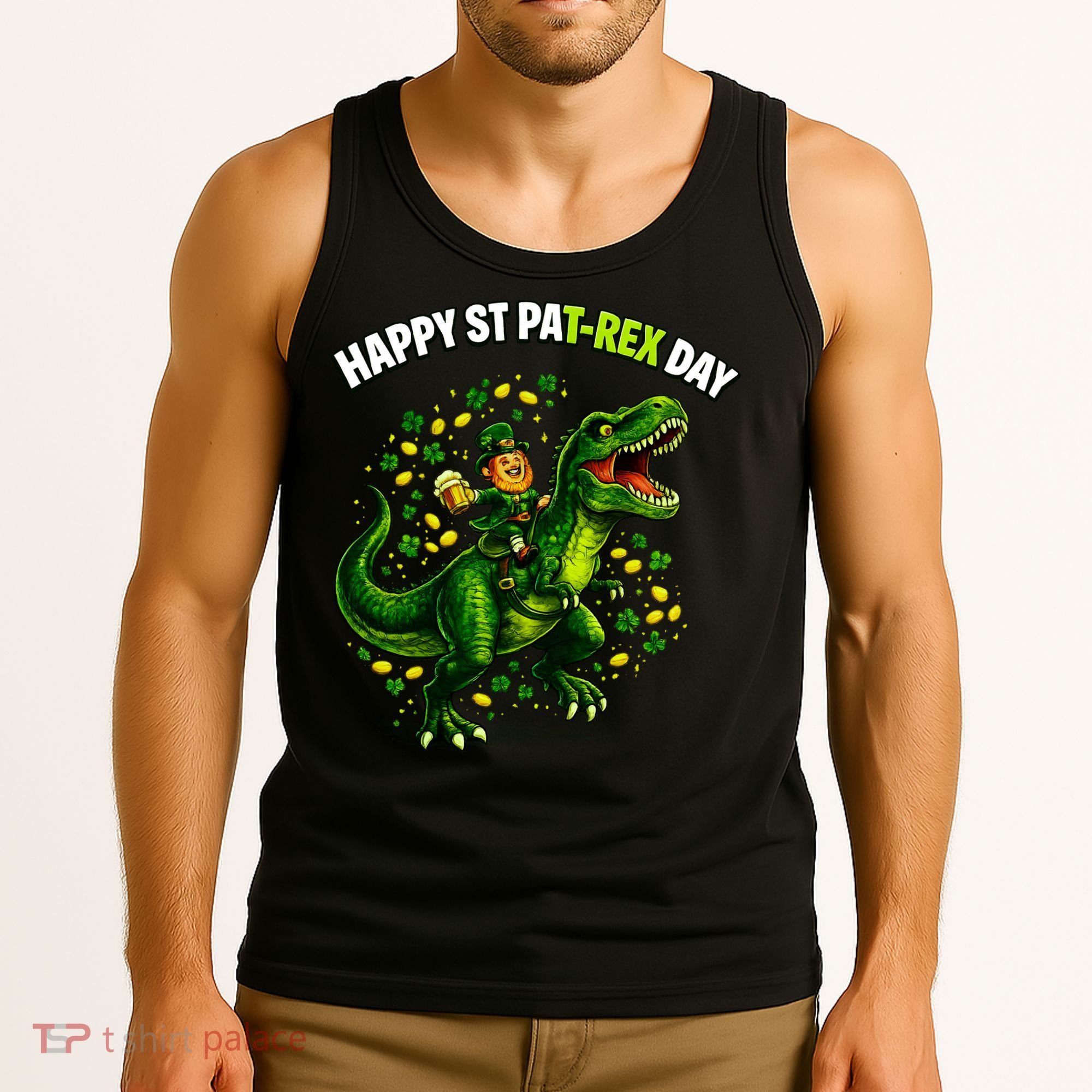 Leprechaun Riding Dino Happy Pat-rex Day T-rex Tank Top