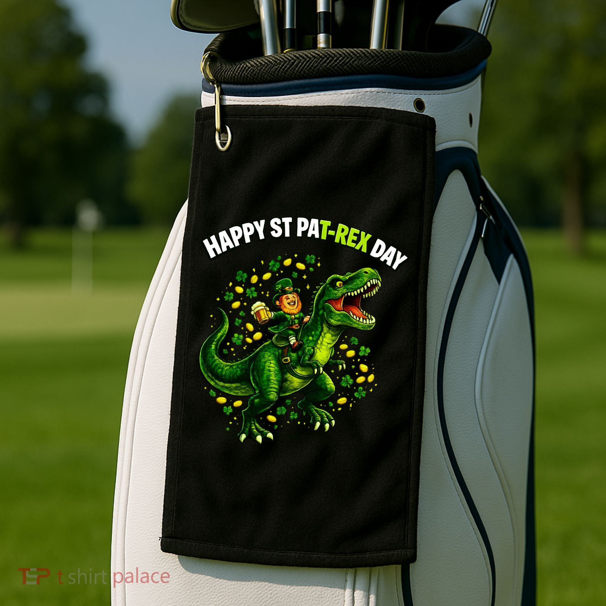 Leprechaun Riding Dino Happy Pat-rex Day T-rex Golf Towel