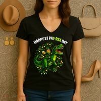 Leprechaun Riding Dino Happy Pat-rex Day T-rex Women's V-Neck T-Shirt thumb 3