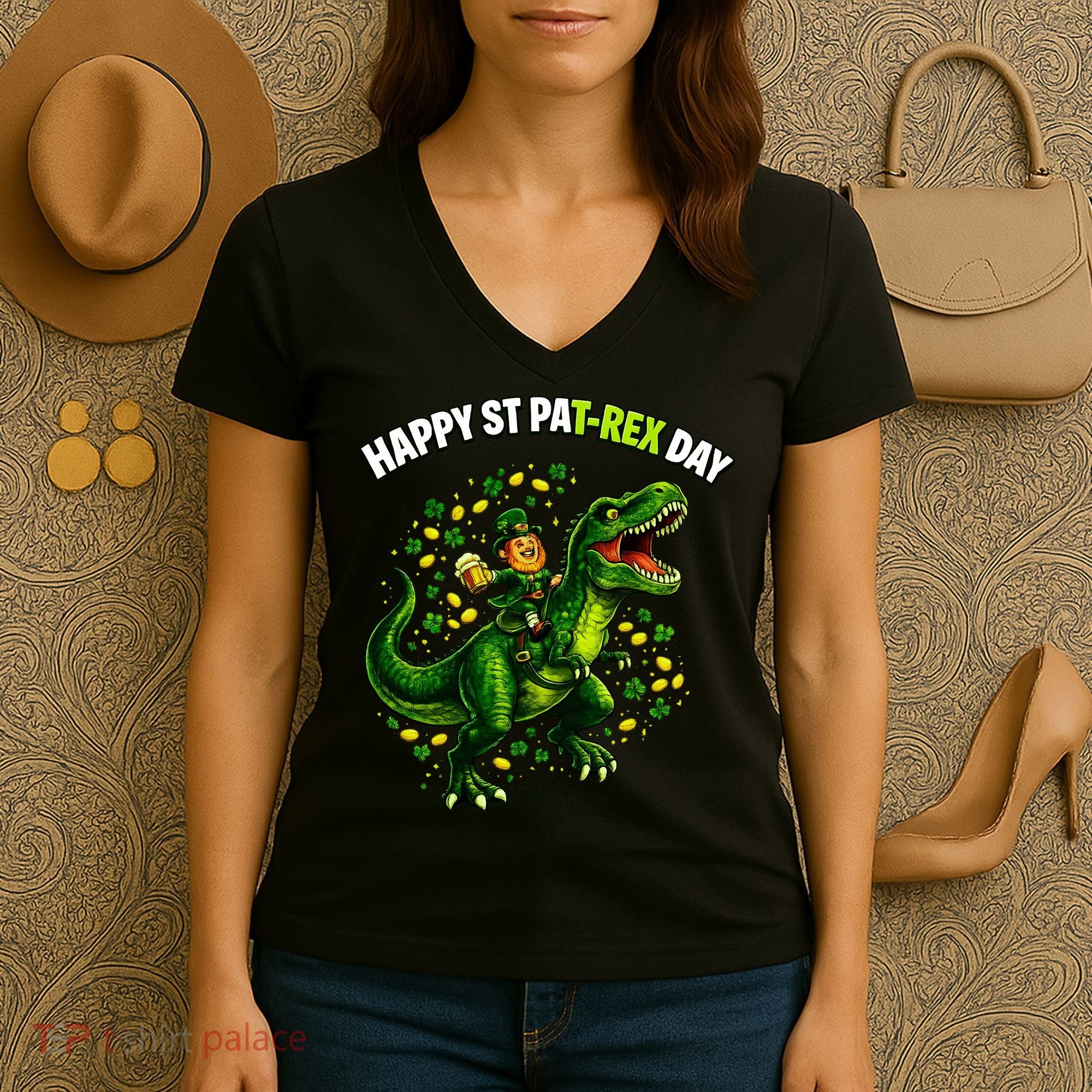 Leprechaun Riding Dino Happy Pat-rex Day T-rex Women's V-Neck T-Shirt