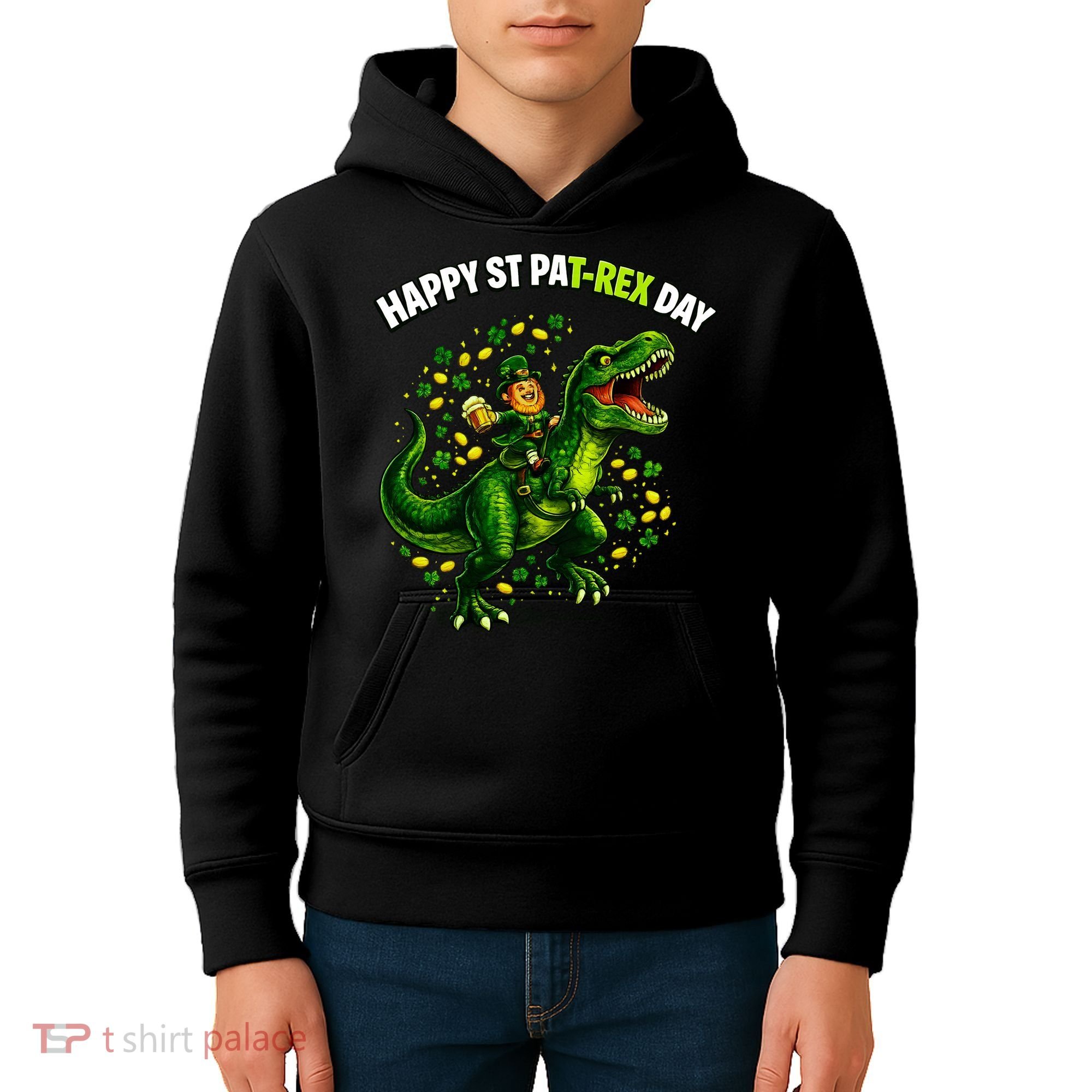 Leprechaun Riding Dino Happy Pat-rex Day T-rex Kids Hoodie