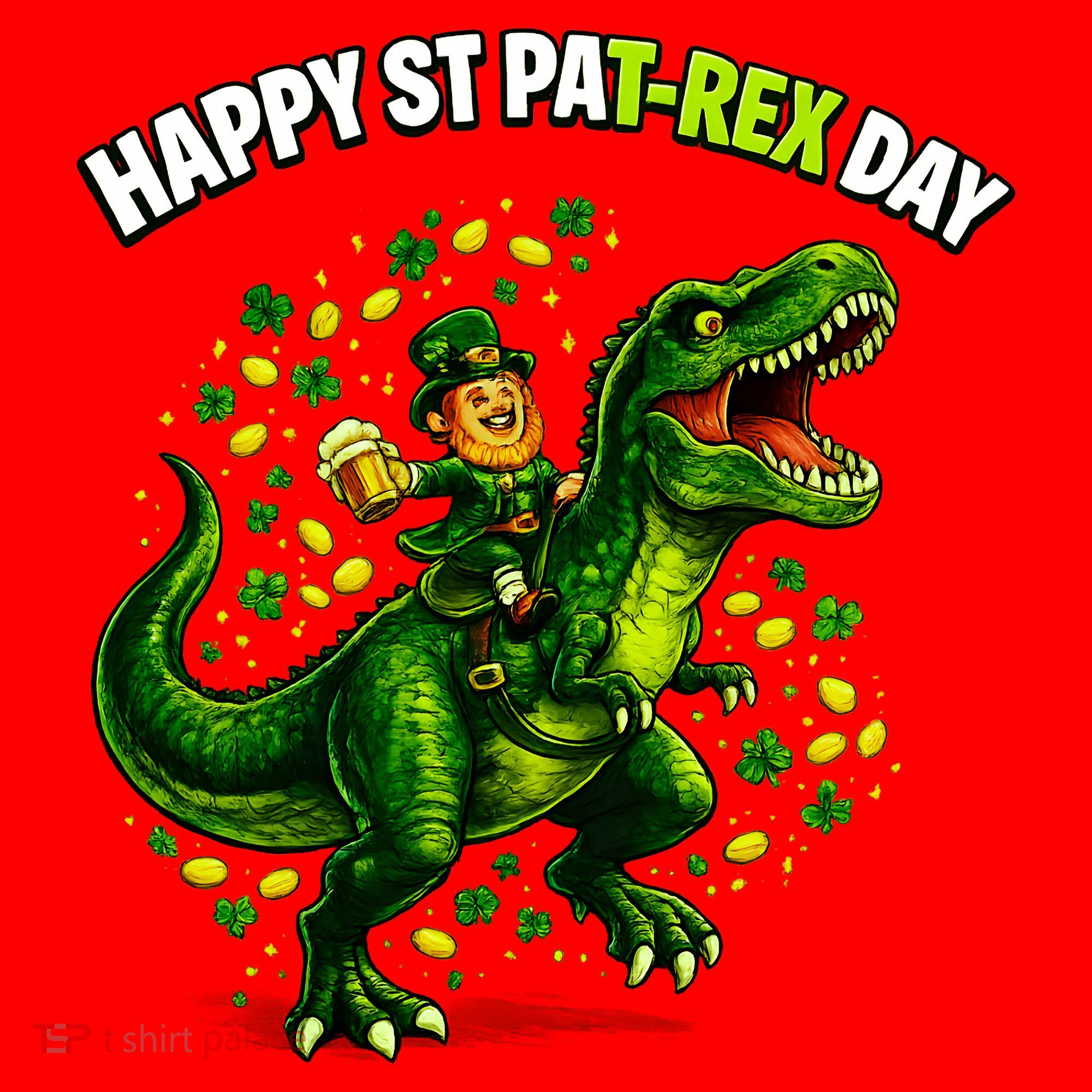 Leprechaun Riding Dino Happy Pat-rex Day T-rex Santa Hat