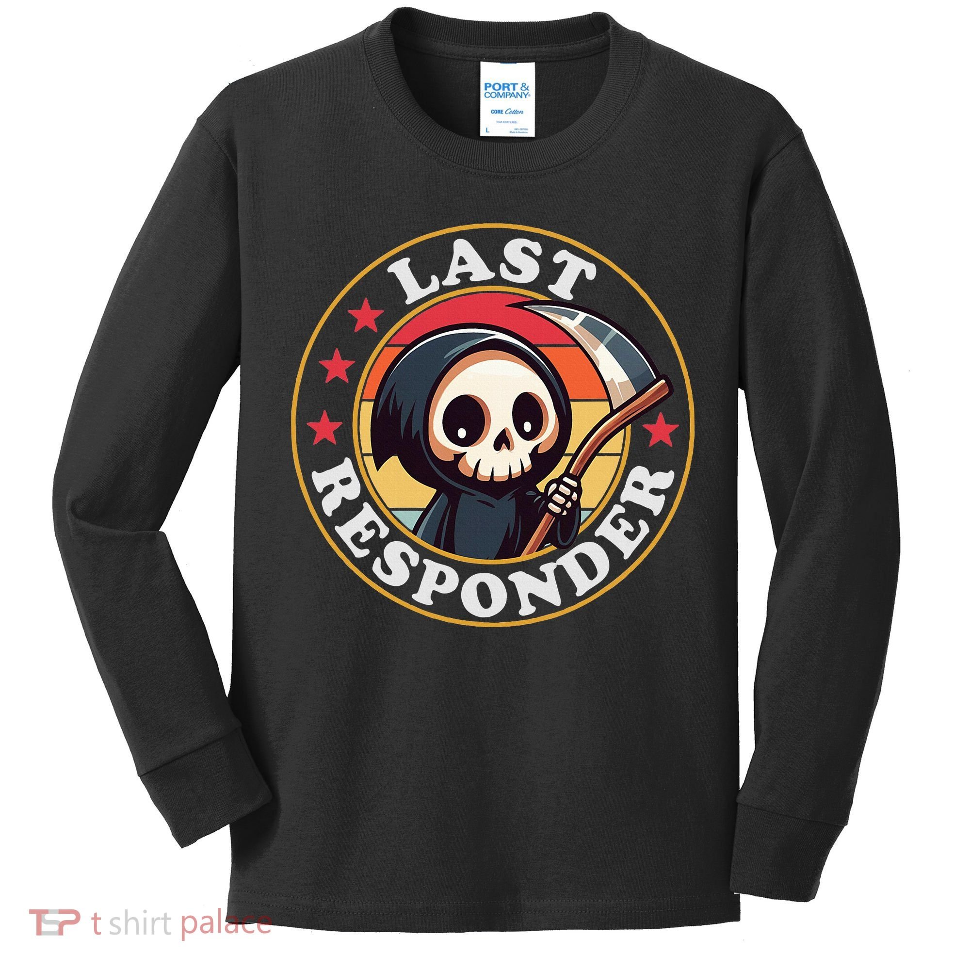 Last Responder Funny Mortician Grim Reaper Kids Long Sleeve Shirt