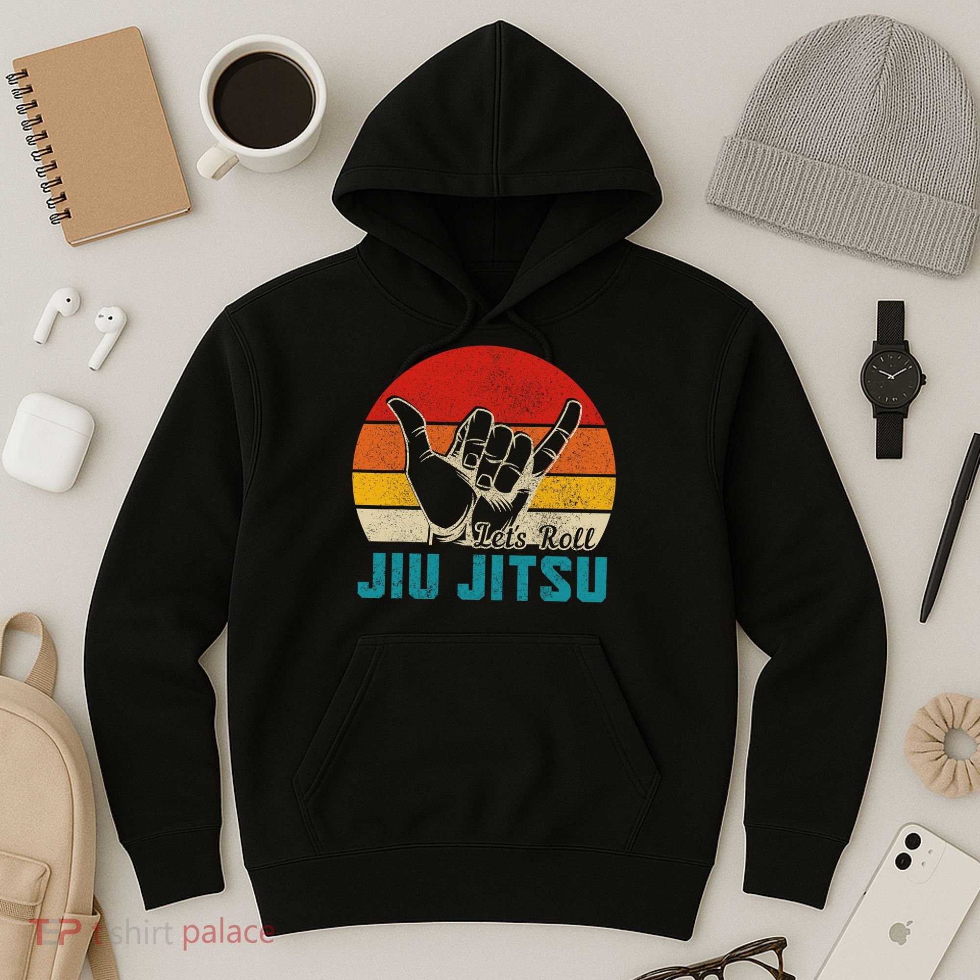 Let's Roll Jiu Jitsu MMA Retro Sunset Funny BJJ Fighter Hoodie