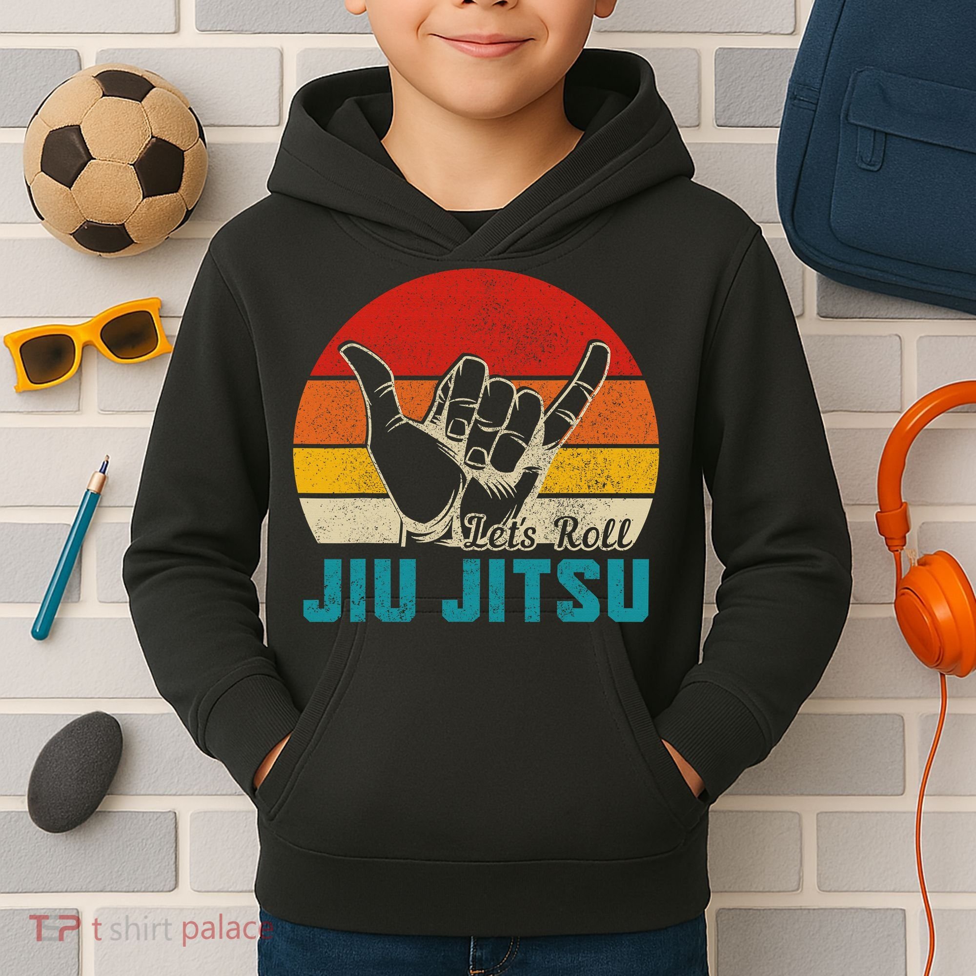 Let's Roll Jiu Jitsu MMA Retro Sunset Funny BJJ Fighter Kids Hoodie