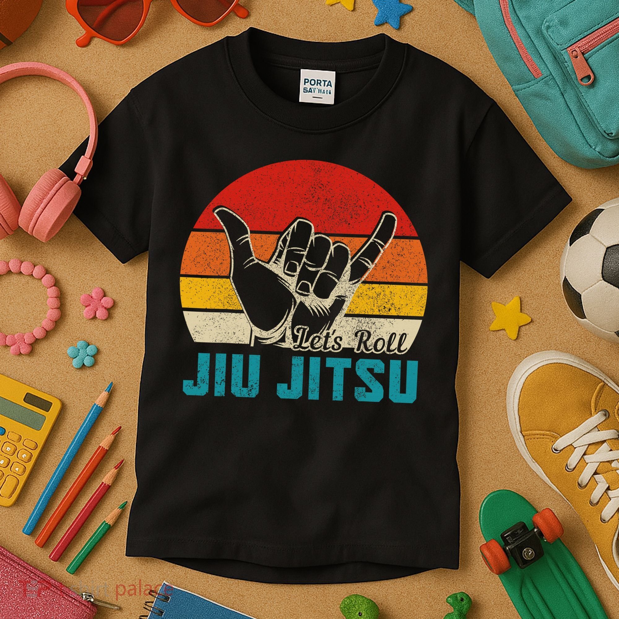 Let's Roll Jiu Jitsu MMA Retro Sunset Funny BJJ Fighter Kids T-Shirt