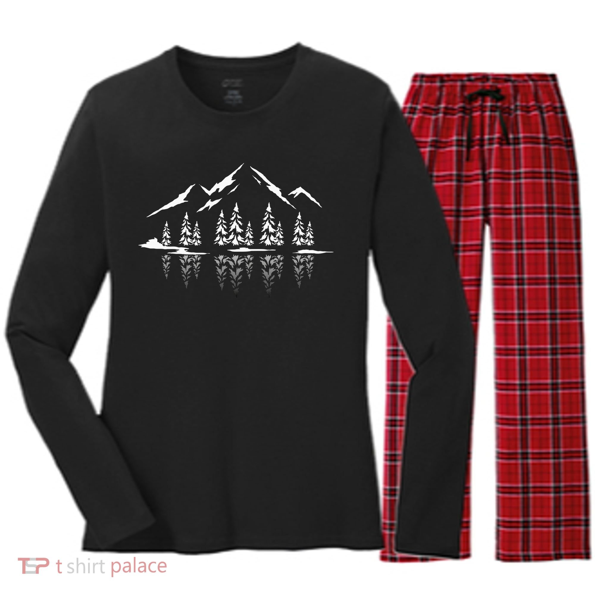 Landscape Reflection Nature Trees Forest Outdoor Mountain Women's Long Sleeve Flannel Pajama Set 