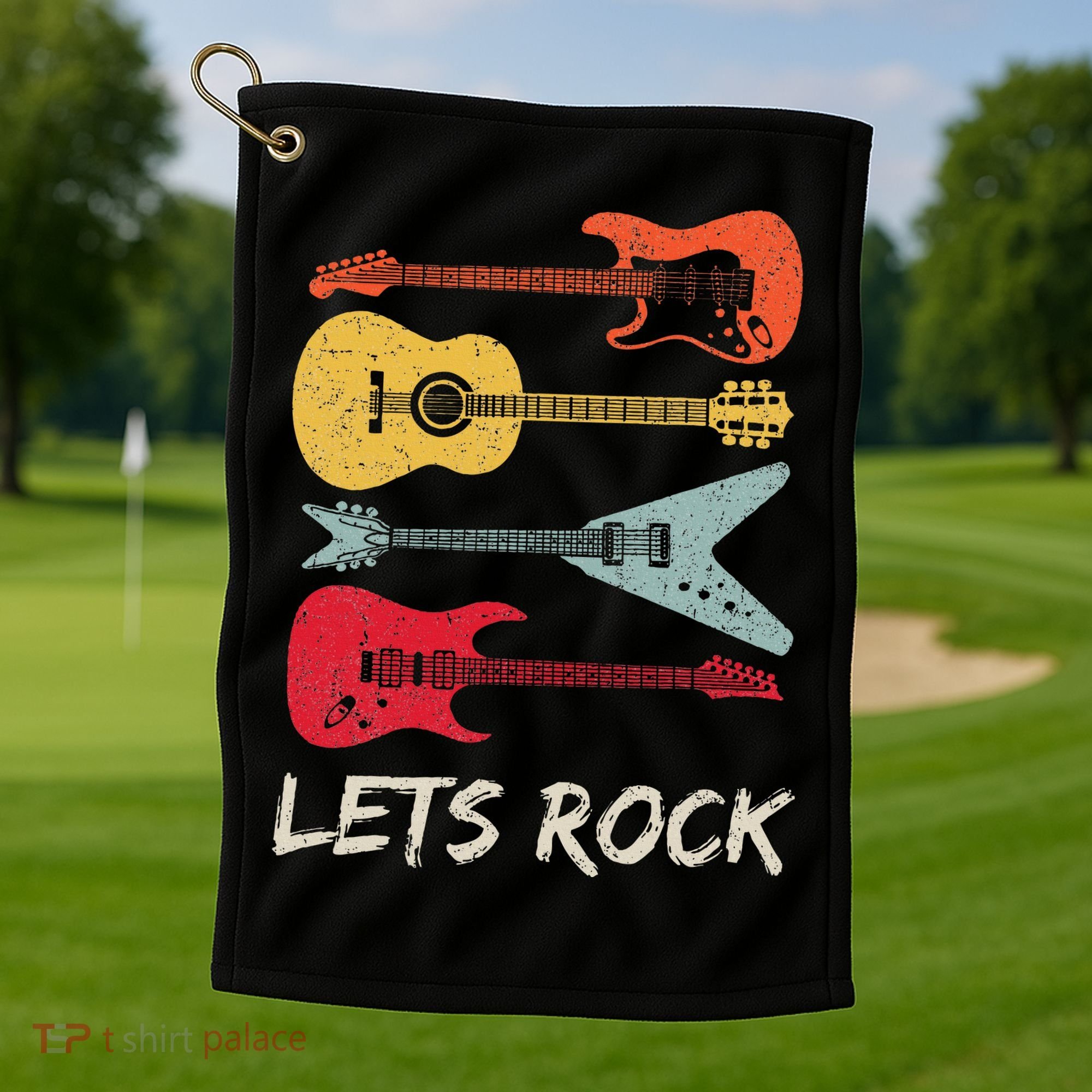 Lets Rock N Roll Guitar Retro Golf Towel