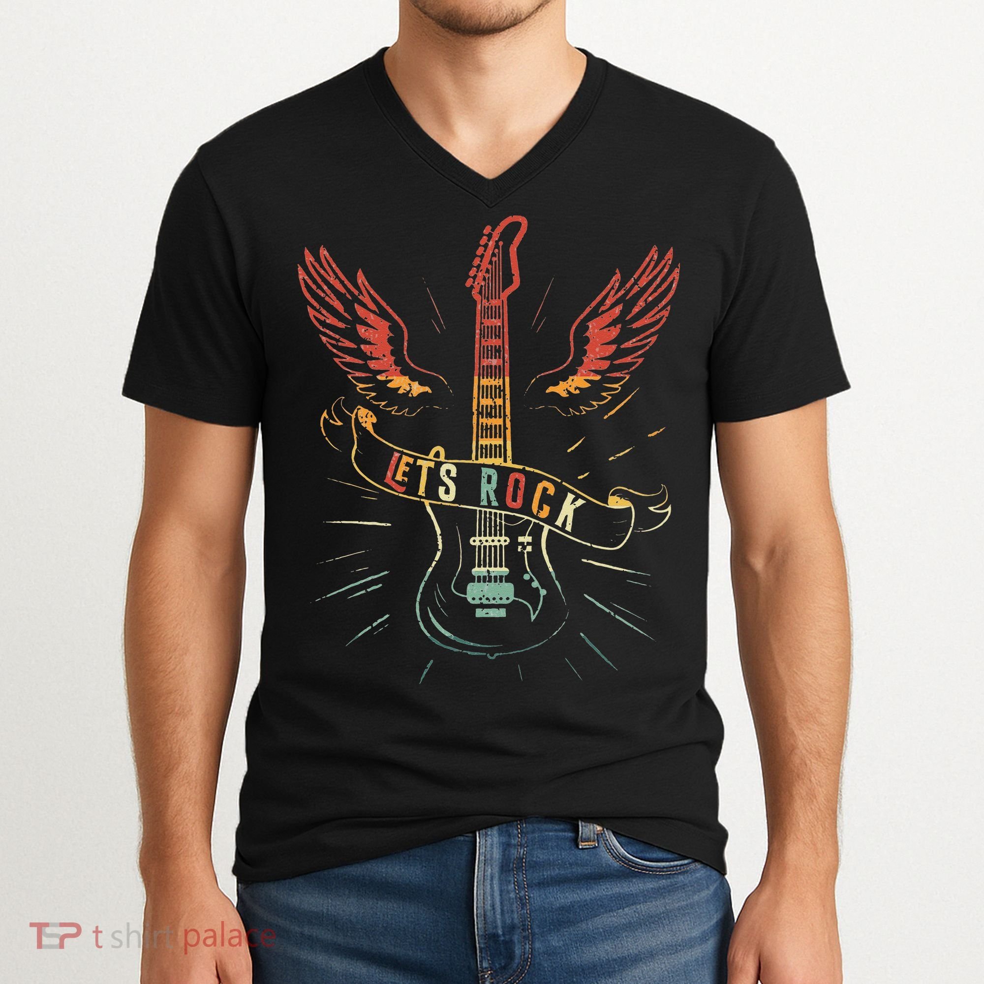 Lets Rock Rock n Roll Guitar Retro lovers V-Neck T-Shirt