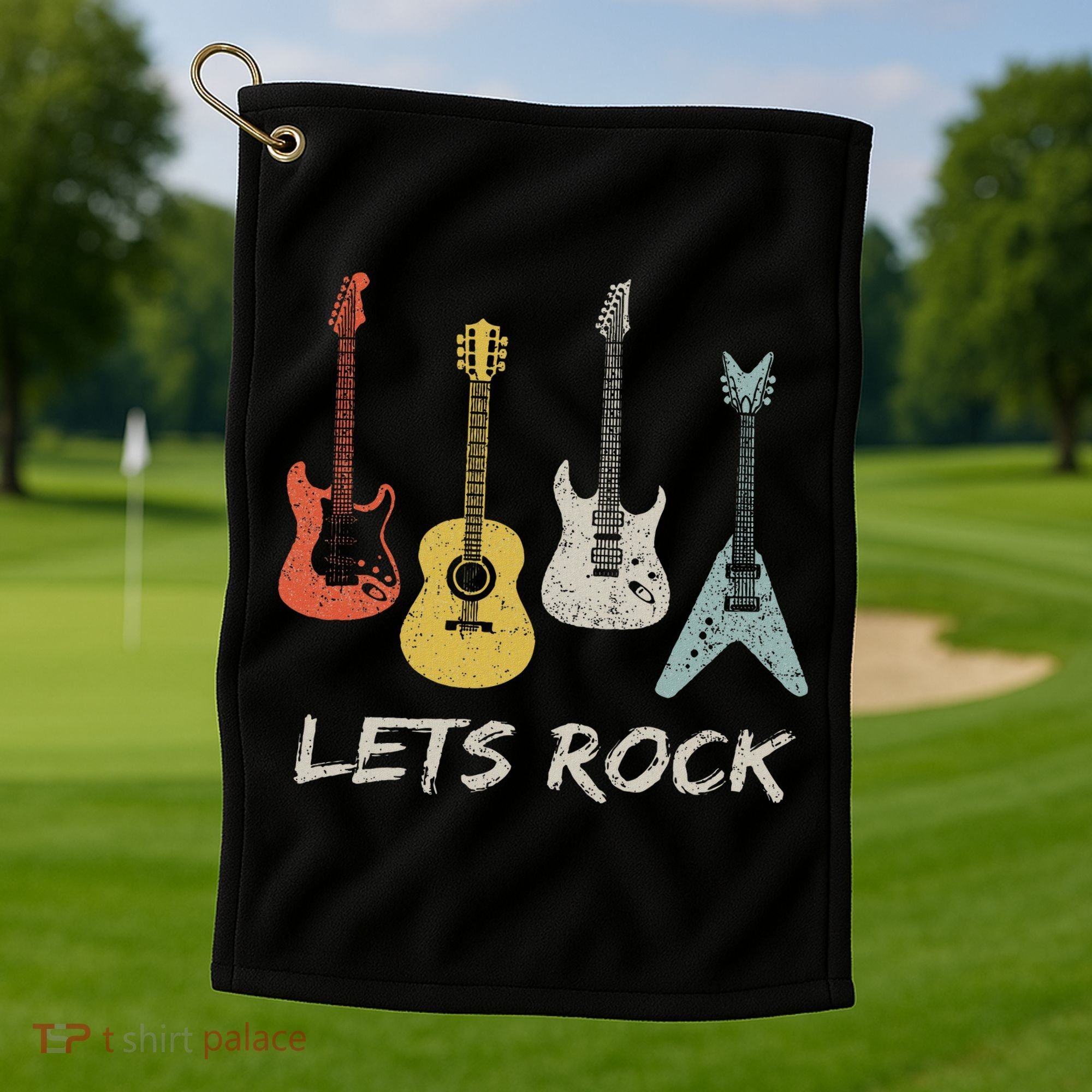 Lets Rock Rock N Roll Guitar Retro Gift Women Golf Towel