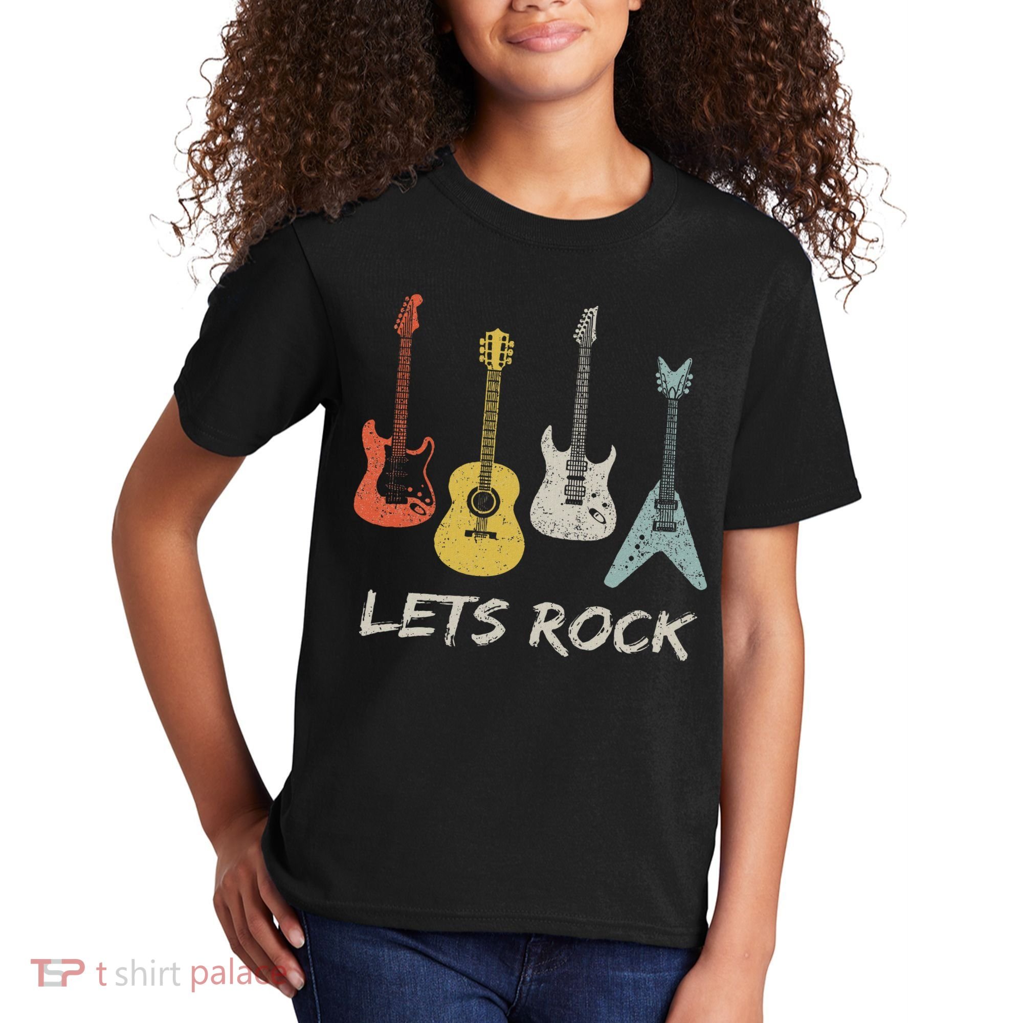 Lets Rock Rock N Roll Guitar Retro Gift Women Kids T-Shirt