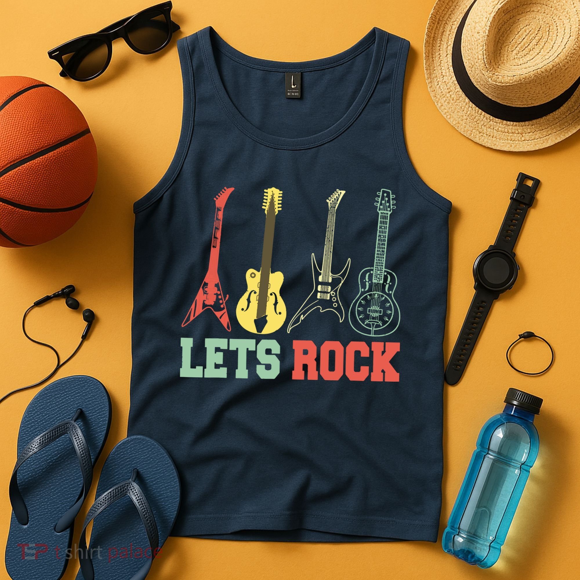 Lets Rock Rock N Roll Guitar Retro Tank Top