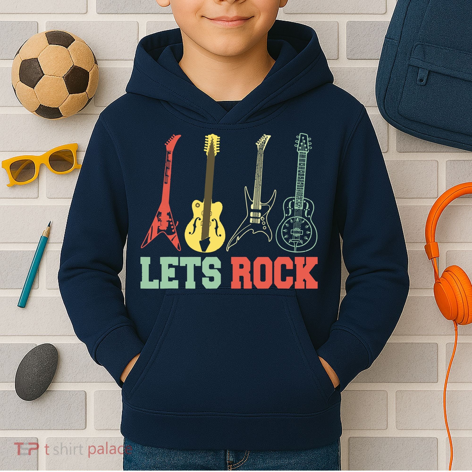 Lets Rock Rock N Roll Guitar Retro Kids Hoodie