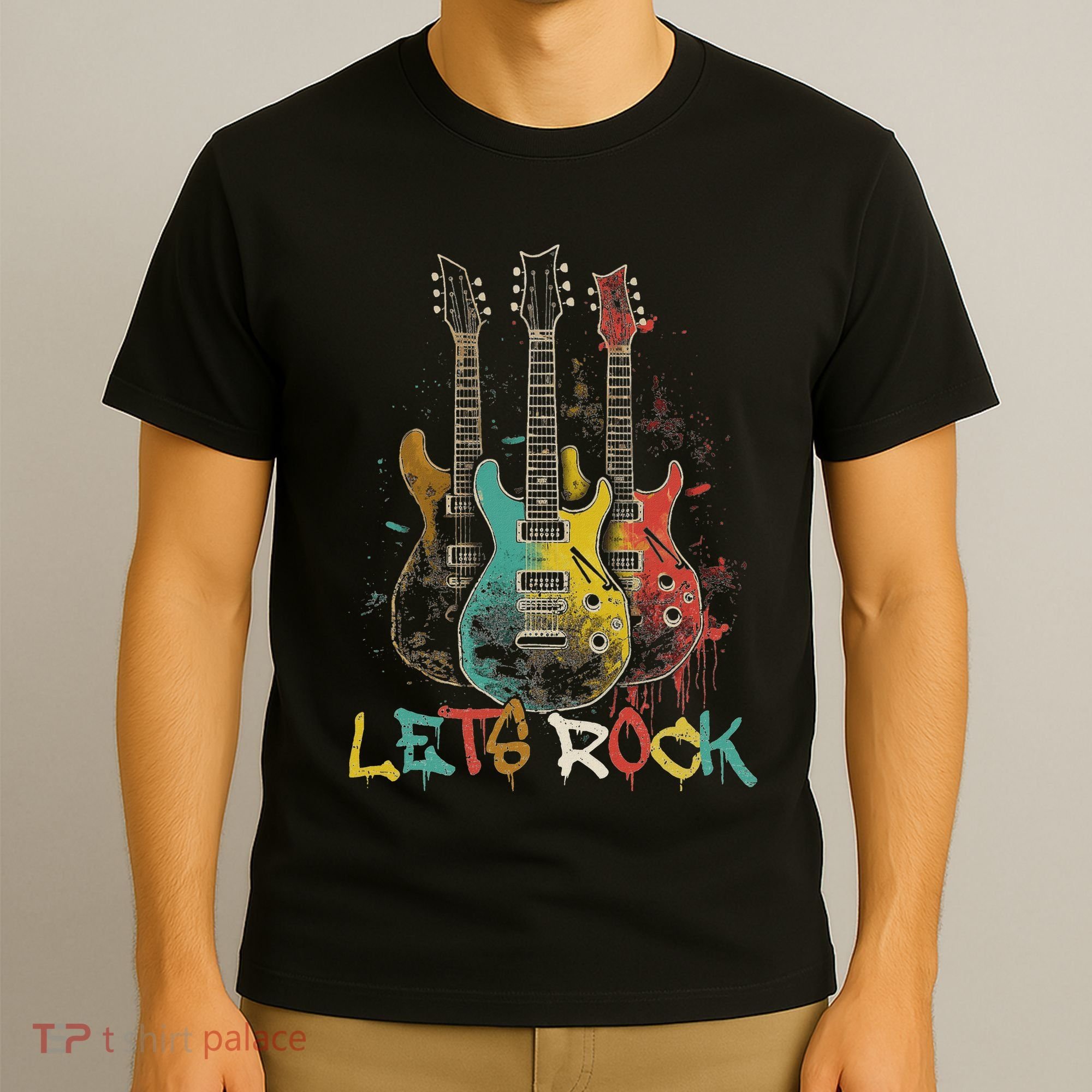 Lets Rock Rock N Roll Guitar Retro Graphic T-Shirt