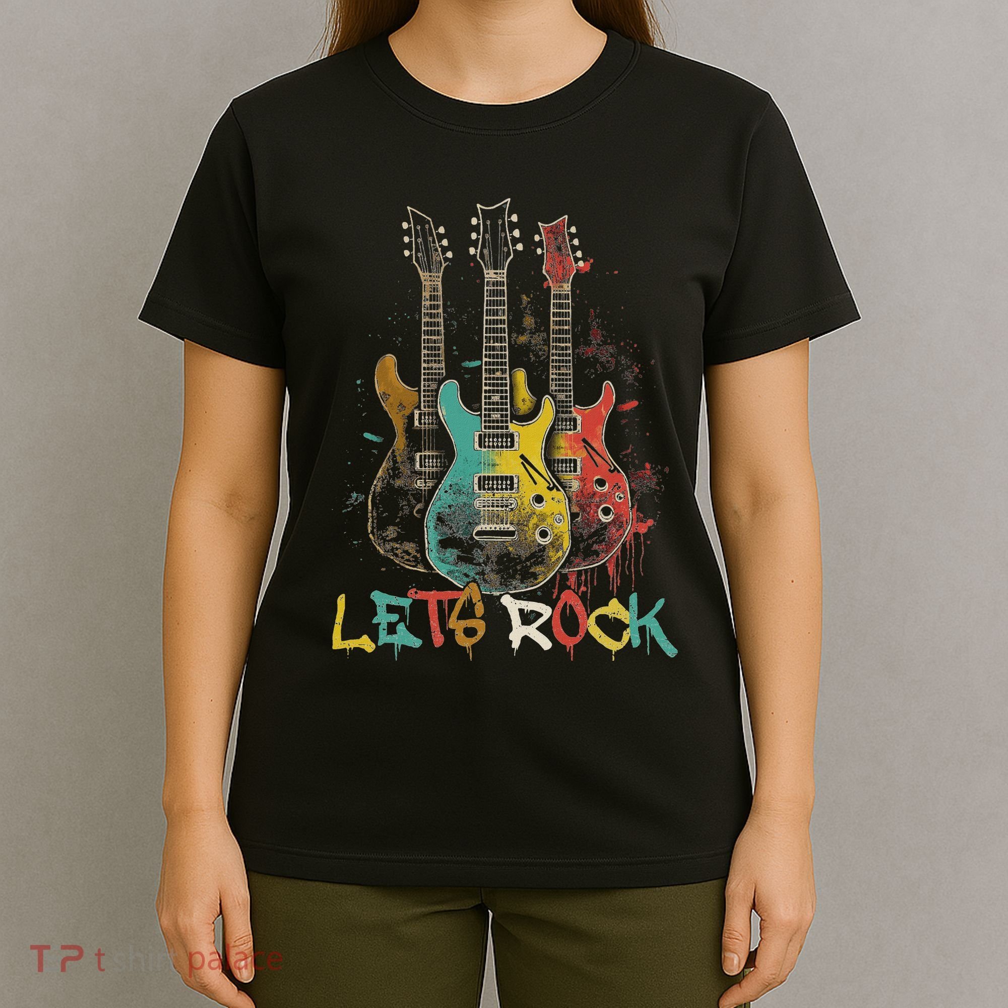Lets Rock Rock N Roll Guitar Retro Graphic T-Shirt