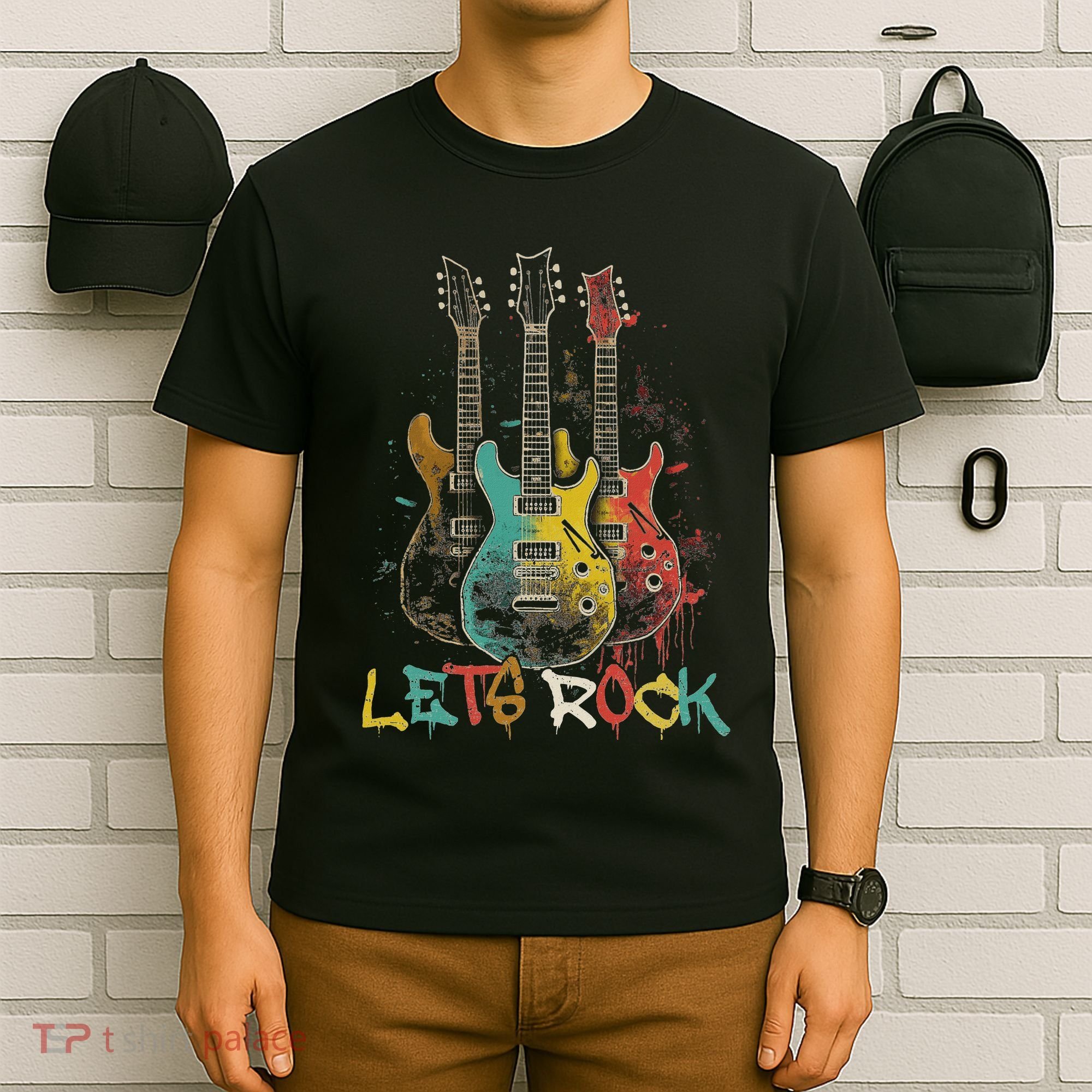 Lets Rock Rock N Roll Guitar Retro Graphic T-Shirt