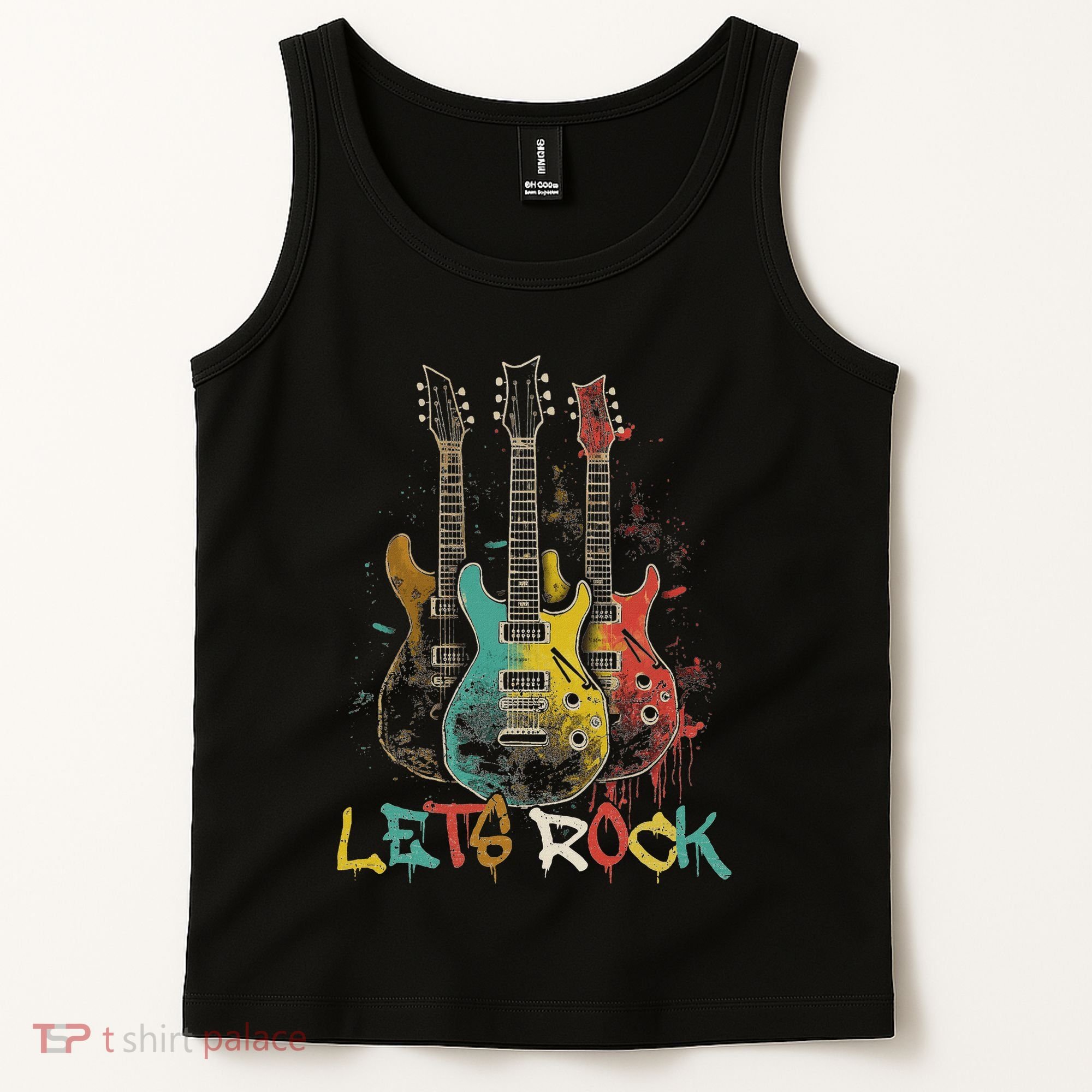 Lets Rock Rock N Roll Guitar Retro Graphic Tank Top