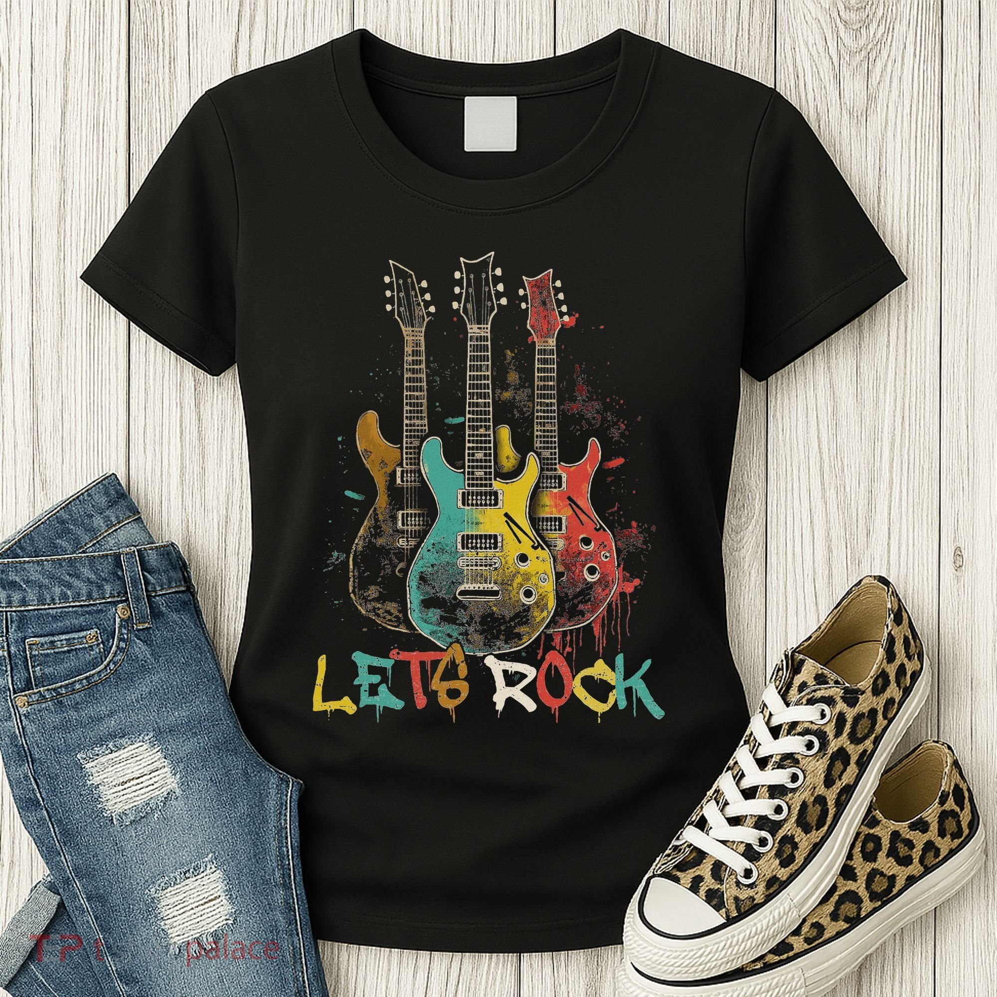 Lets Rock Rock N Roll Guitar Retro Graphic Women's T-Shirt