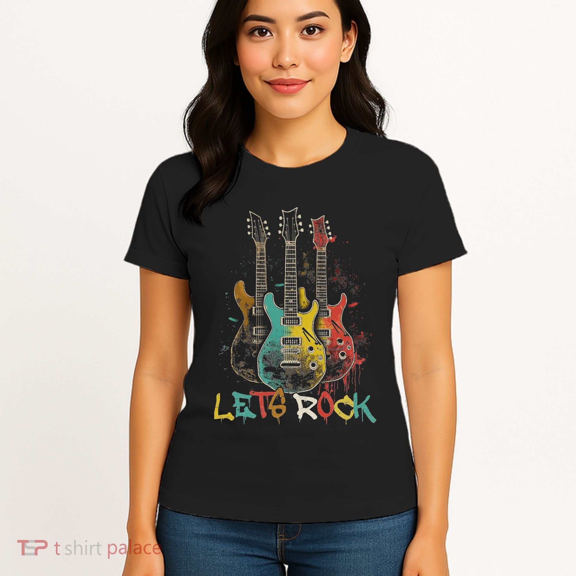 Lets Rock Rock N Roll Guitar Retro Graphic Women's T-Shirt