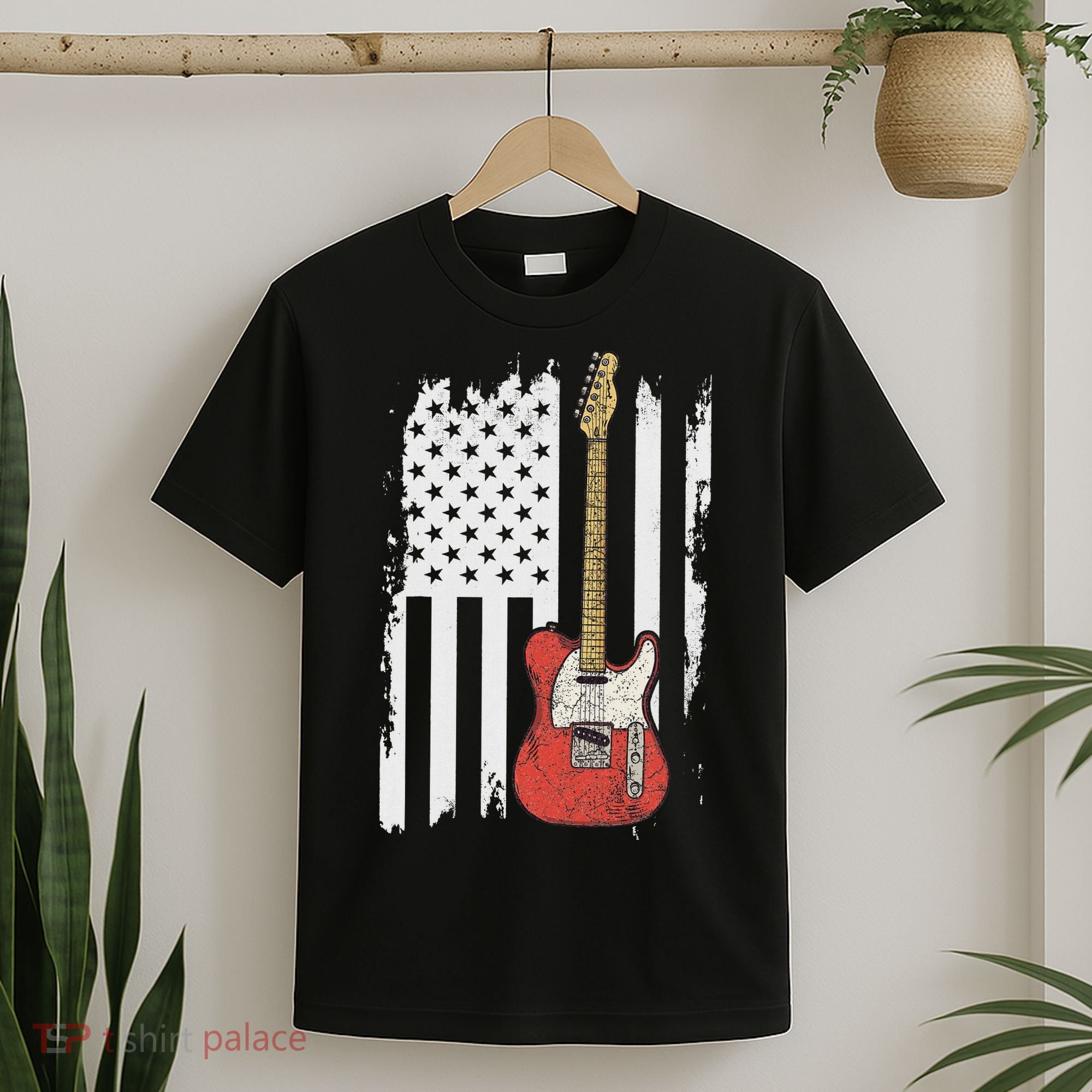 Lets Rock Rock N Roll Guitar Retro Usa Flag Music T-Shirt
