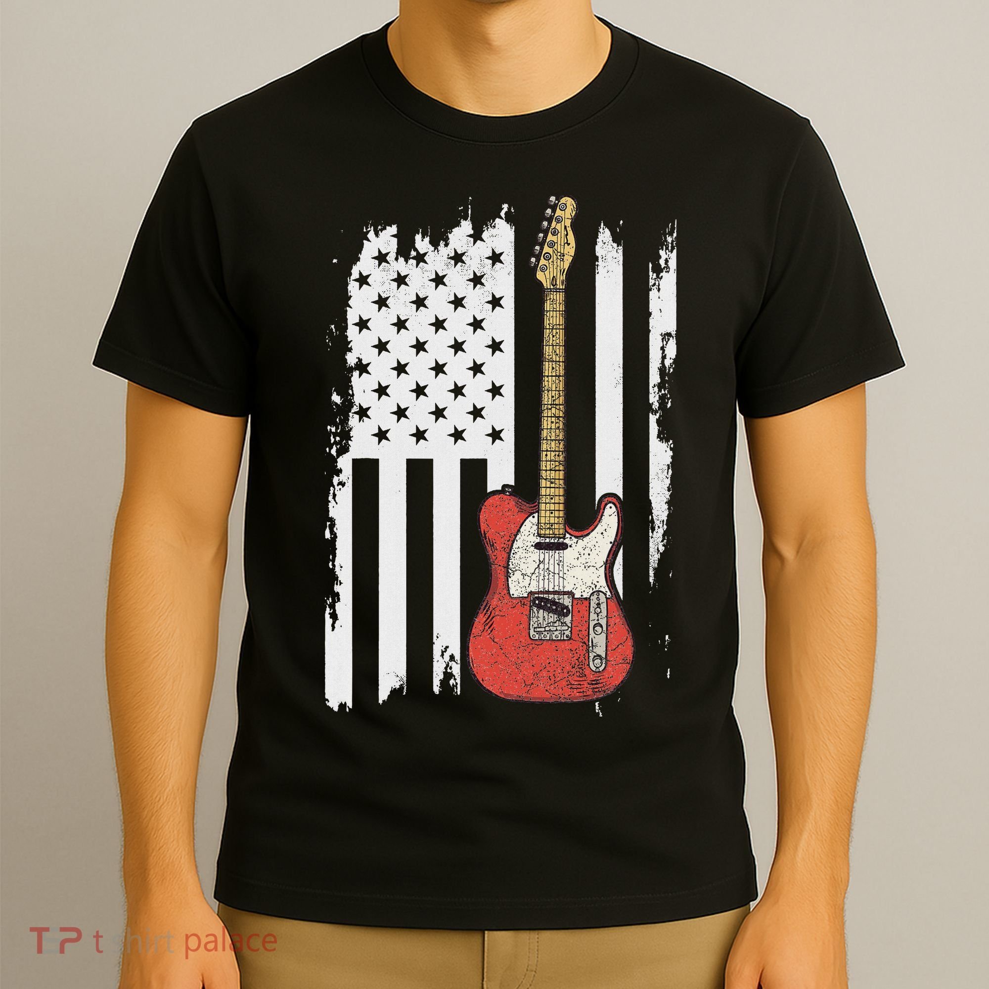 Lets Rock Rock N Roll Guitar Retro Usa Flag Music T-Shirt