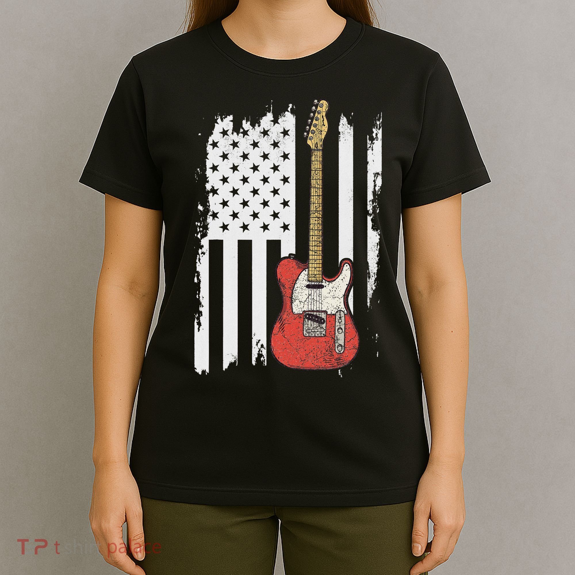 Lets Rock Rock N Roll Guitar Retro Usa Flag Music T-Shirt